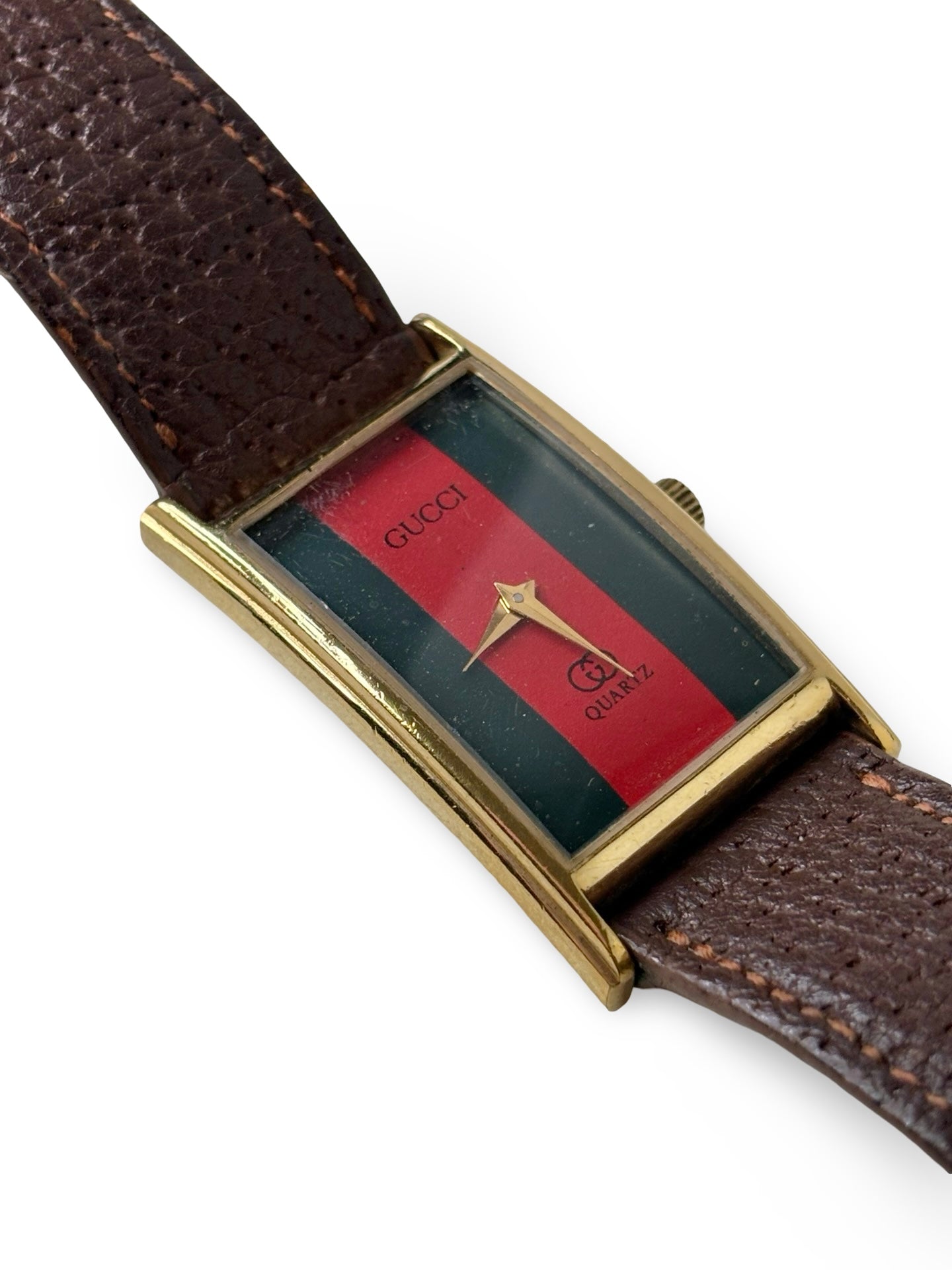 Vintage 1980s Gucci 2600L 18k Gold-Plated Rectangular Sherry Line Dial Watch w/ Original Brown Leather Band