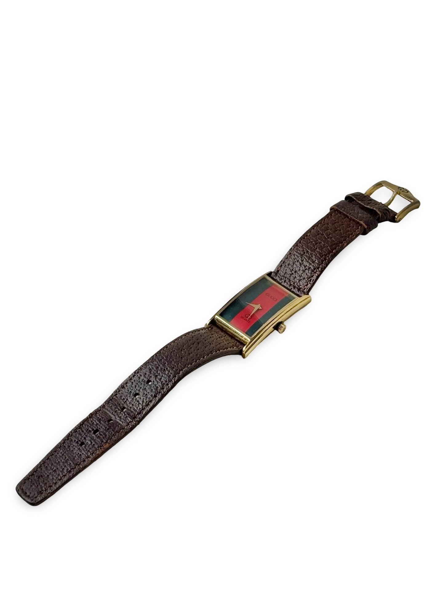 Vintage 1980s Gucci 2600L 18k Gold-Plated Rectangular Sherry Line Dial Watch w/ Original Brown Leather Band