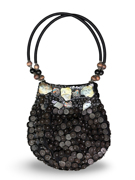 Vintage Y2K Nicole Lee Black Handbag w/ Shell Design, Wooden Beads & Decorative Beading