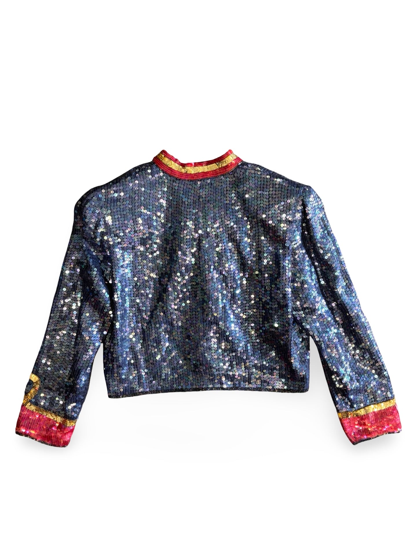 Vintage Blue, Red, & Gold Sequined Silk Bolero Napoleon Military Style Blazer Jacket Top Size L