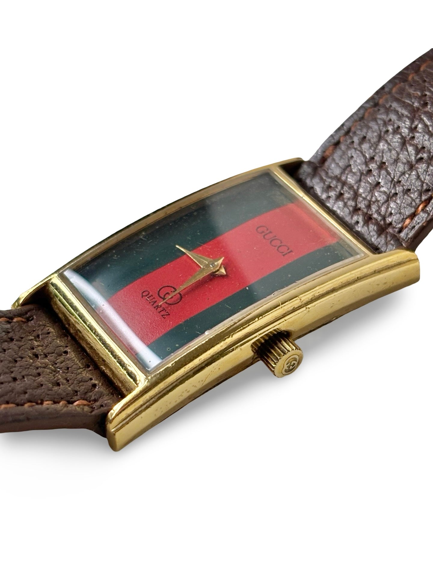 Vintage 1980s Gucci 2600L 18k Gold-Plated Rectangular Sherry Line Dial Watch w/ Original Brown Leather Band