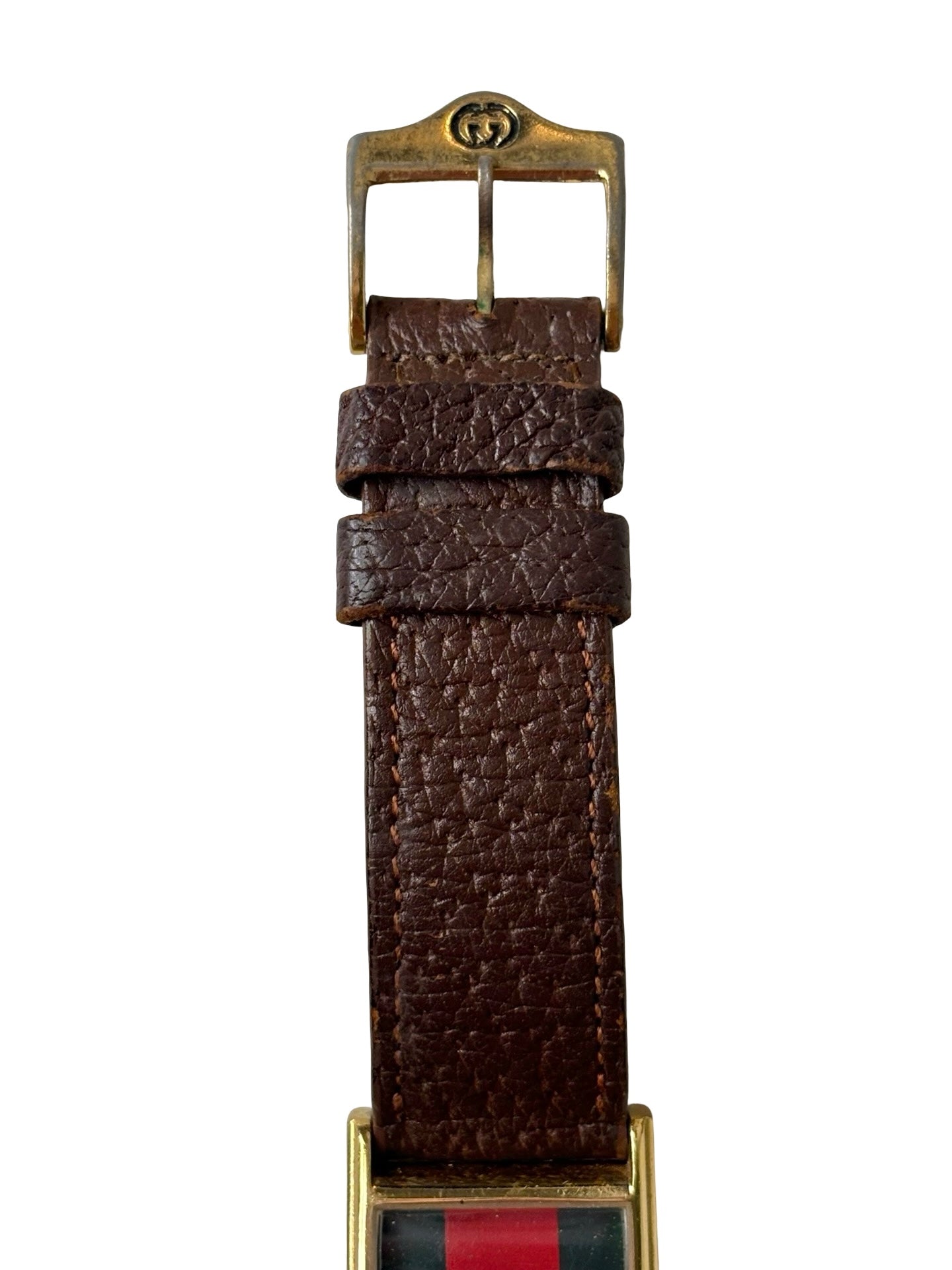 Vintage 1980s Gucci 2600L 18k Gold-Plated Rectangular Sherry Line Dial Watch w/ Original Brown Leather Band