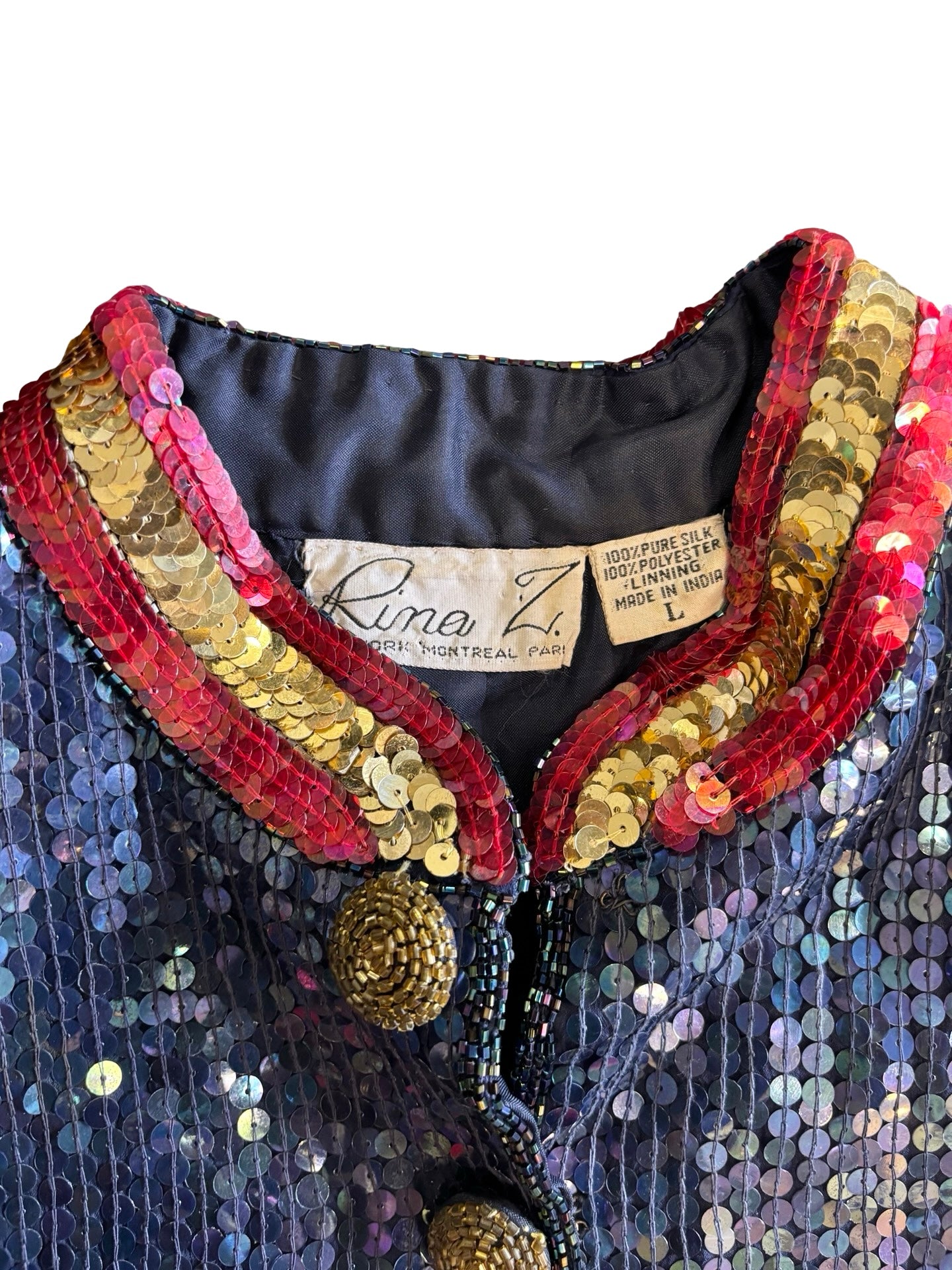 Vintage Blue, Red, & Gold Sequined Silk Bolero Napoleon Military Style Blazer Jacket Top Size L