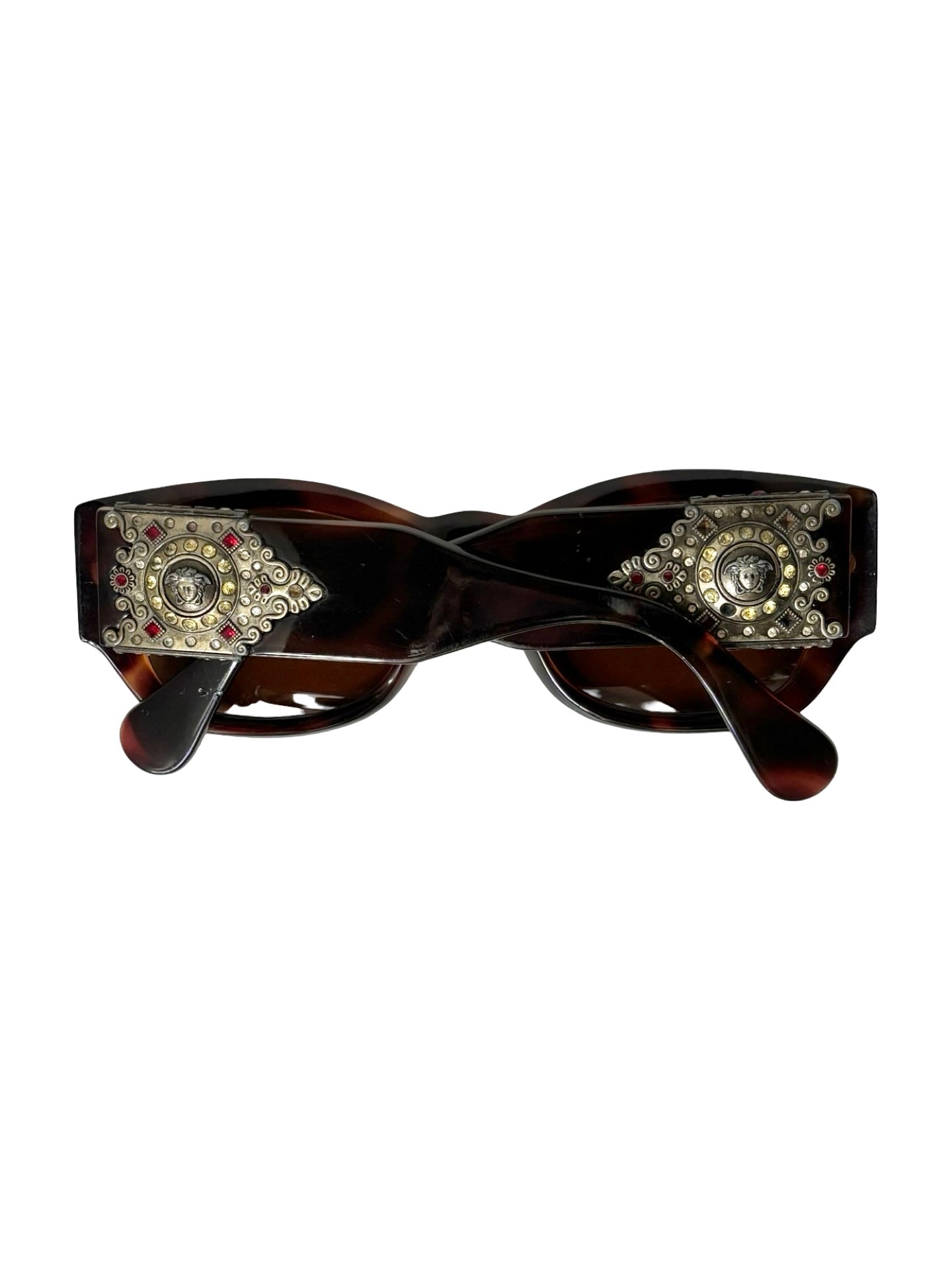 Vintage 1990s Gianni Versace 413/H Tortoise Shell Sunglasses w/ Medusa Emblem & Rhinestones