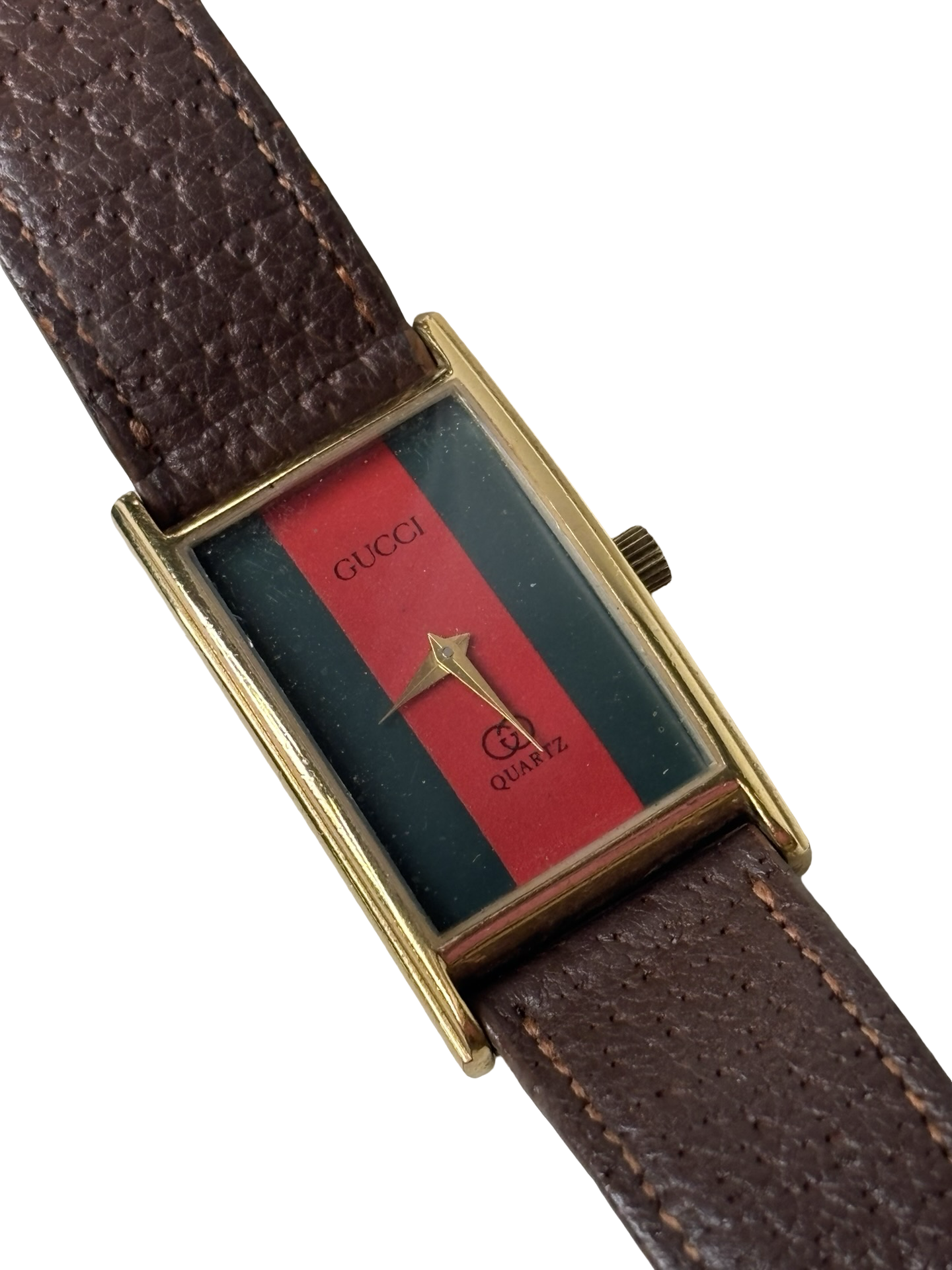 Vintage 1980s Gucci 2600L 18k Gold-Plated Rectangular Sherry Line Dial Watch w/ Original Brown Leather Band
