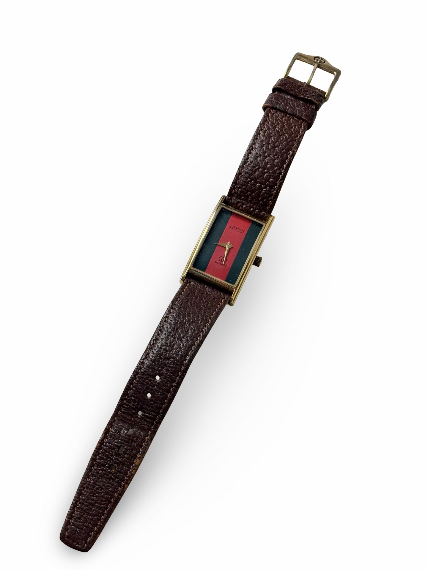 Vintage 1980s Gucci 2600L 18k Gold-Plated Rectangular Sherry Line Dial Watch w/ Original Brown Leather Band