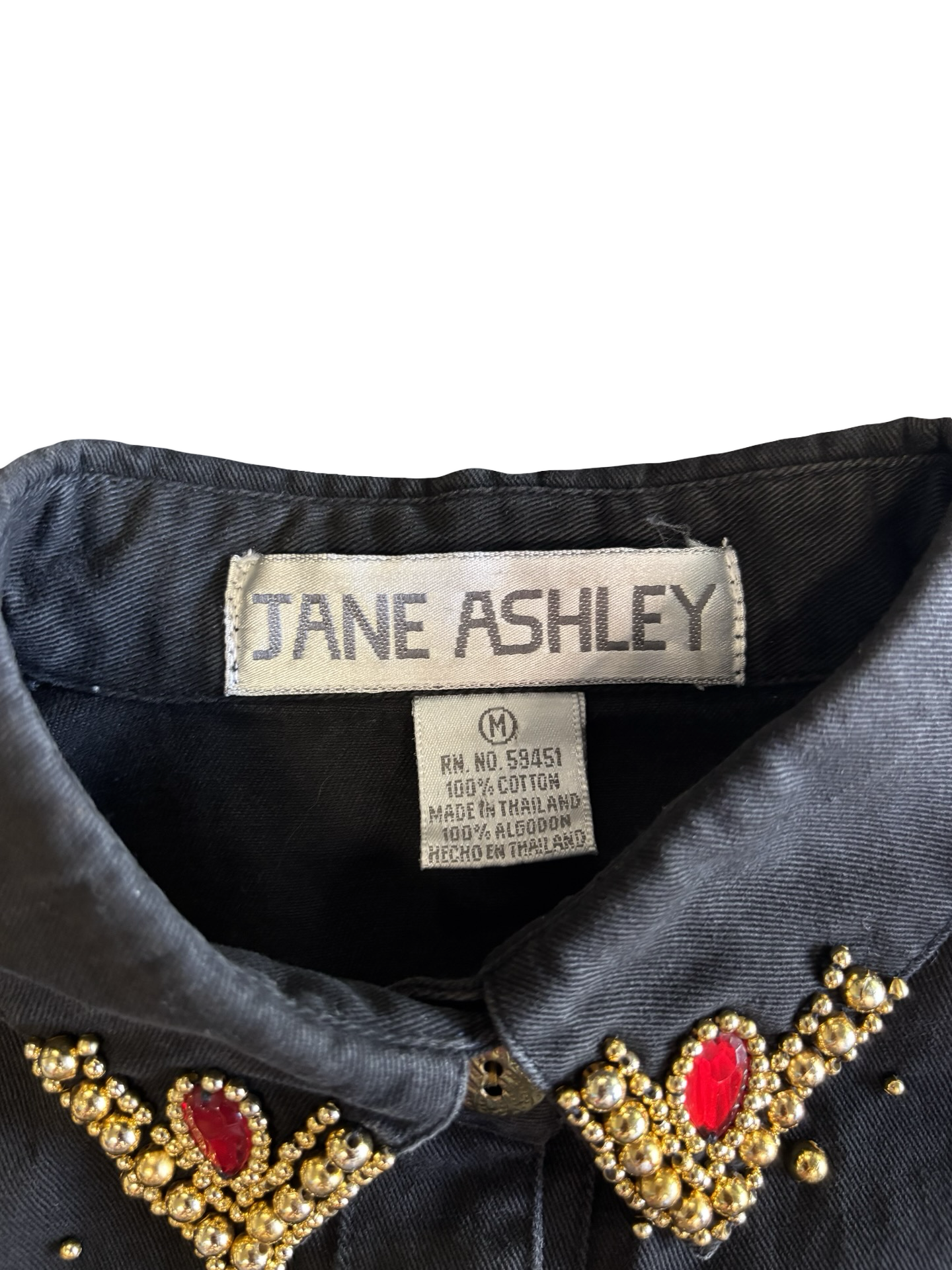 Vintage Rhinestone Bedazzled Holiday Embellished Black Denim Button-Up Top Size M