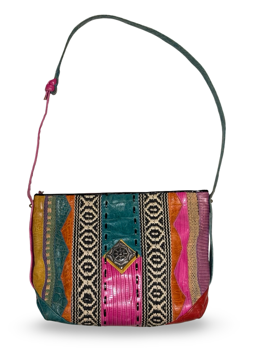 Vintage Sharif Abstract Colorful Exotic Leather Mixed Media Cross Body Purse