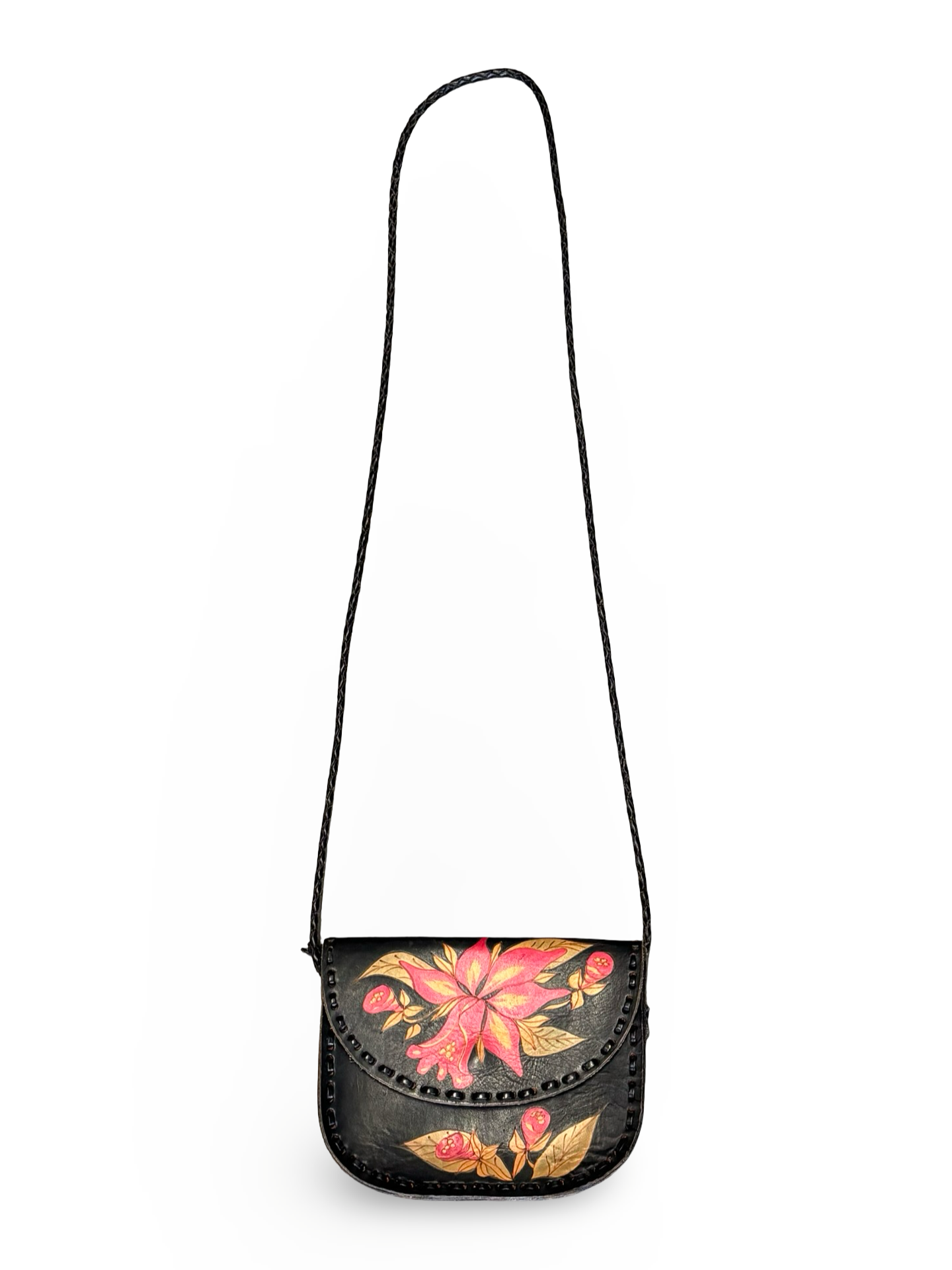 Vintage Artisan Black Leather Saddle Bag w/ Hand-Painted Floral Design Signed LJ Rio Brazil 2003