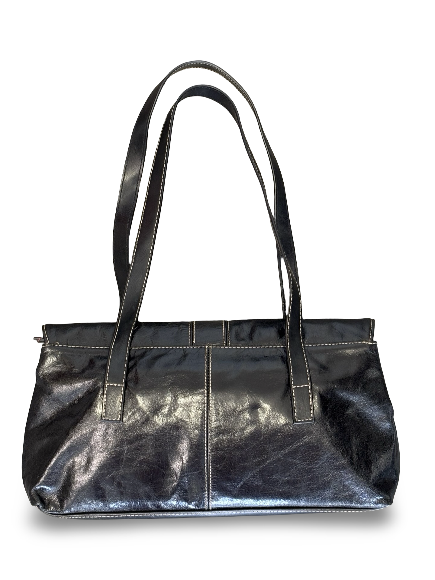 Vintage Y2K Black Leather Hillard & Hanson Shoulder Bag Purse w/ Front Buckle