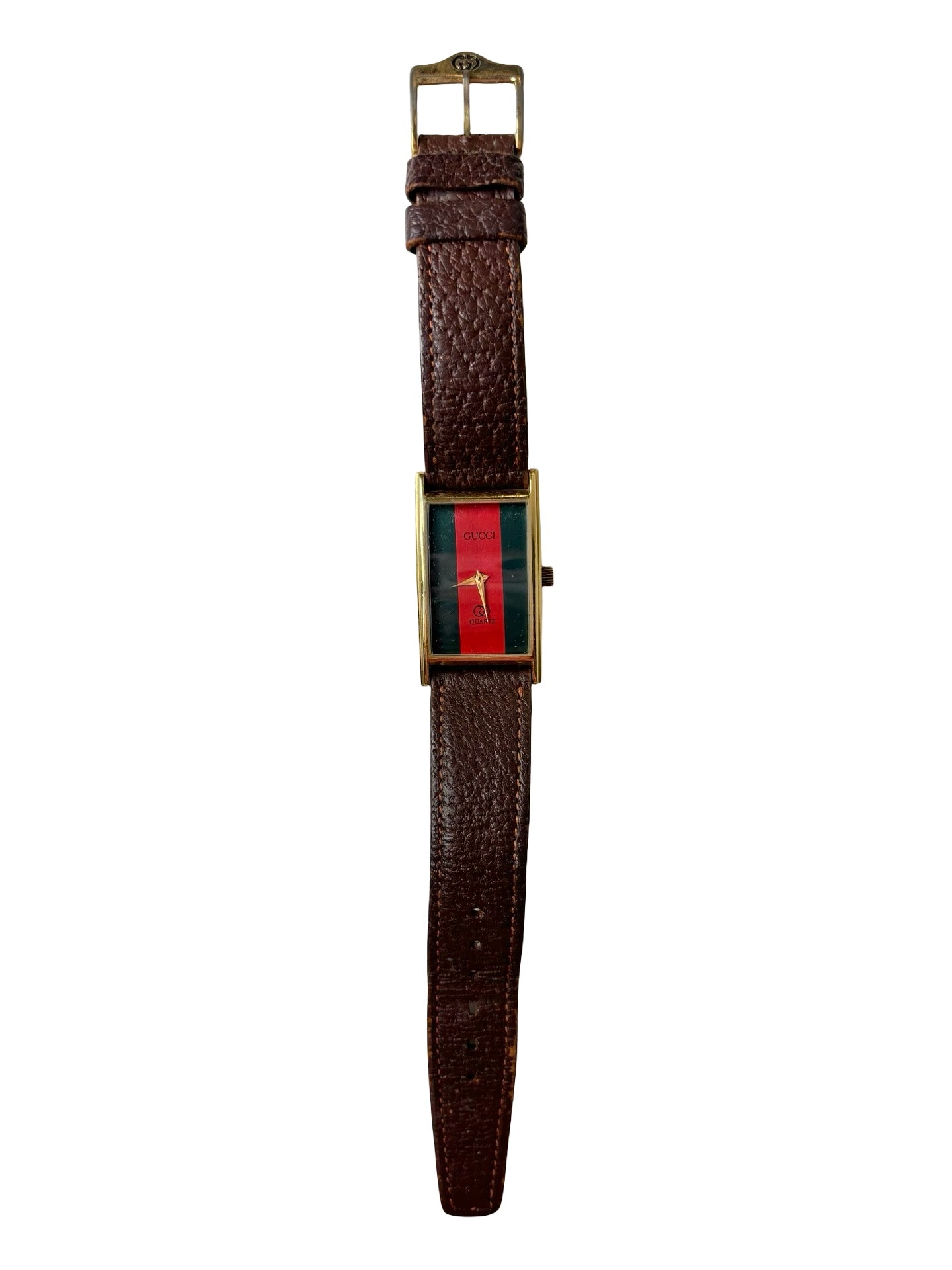 Vintage 1980s Gucci 2600L 18k Gold-Plated Rectangular Sherry Line Dial Watch w/ Original Brown Leather Band