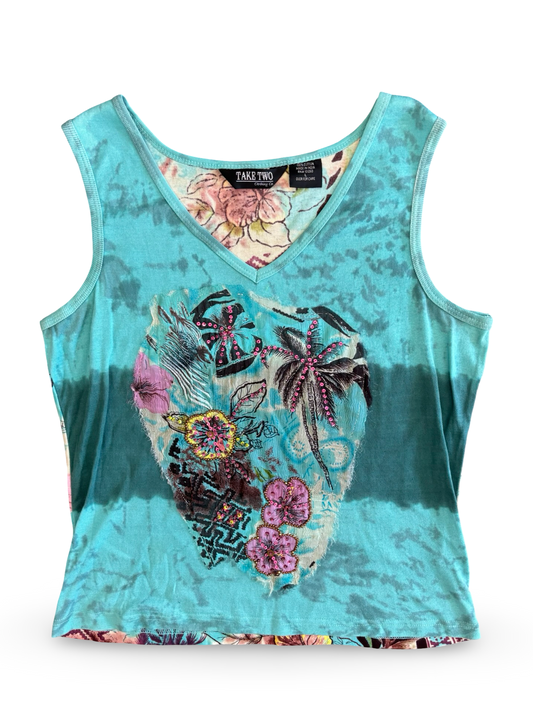 Vintage Teal Tye Dye Sequined Tropical V-Neck Graphic Tee Tank Top Size L