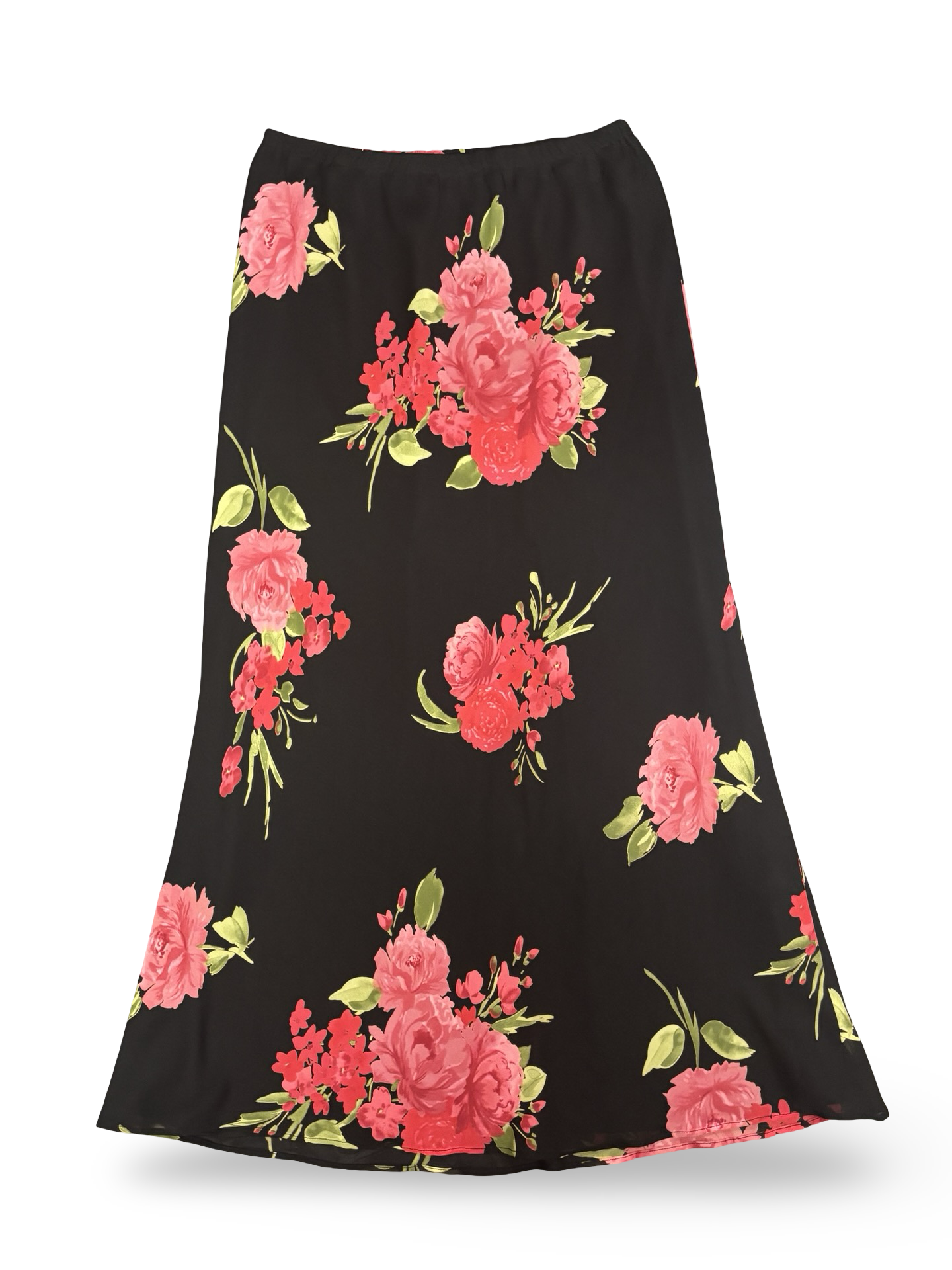 Vintage 90s Black, Red, and Green Long Flowy Rose Bouquet Printed Skirt Size M