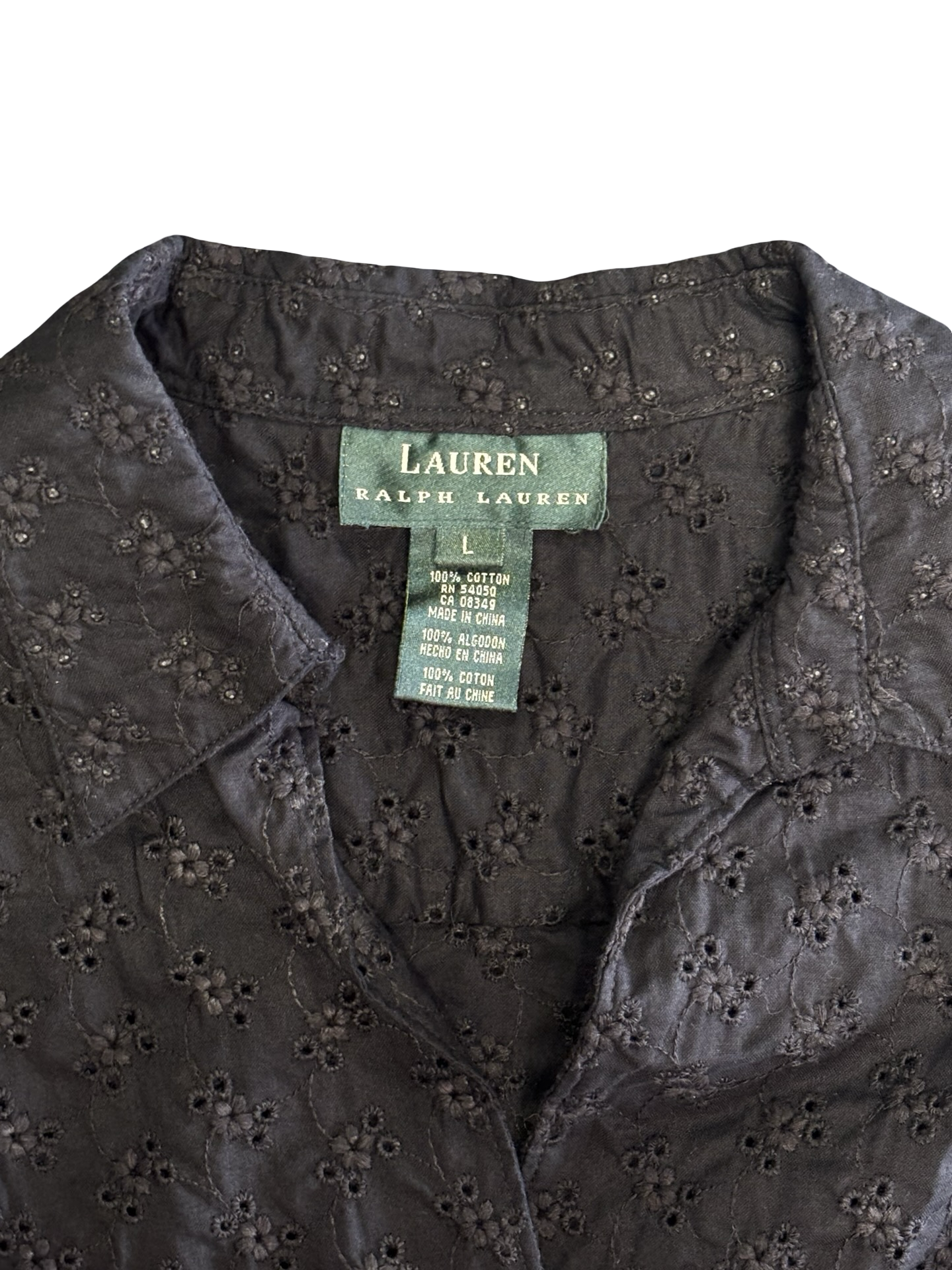Vintage Ralph Lauren Sleeveless Wrap Top Black Cotton w/ Embroidered Eyelet Pattern Size L