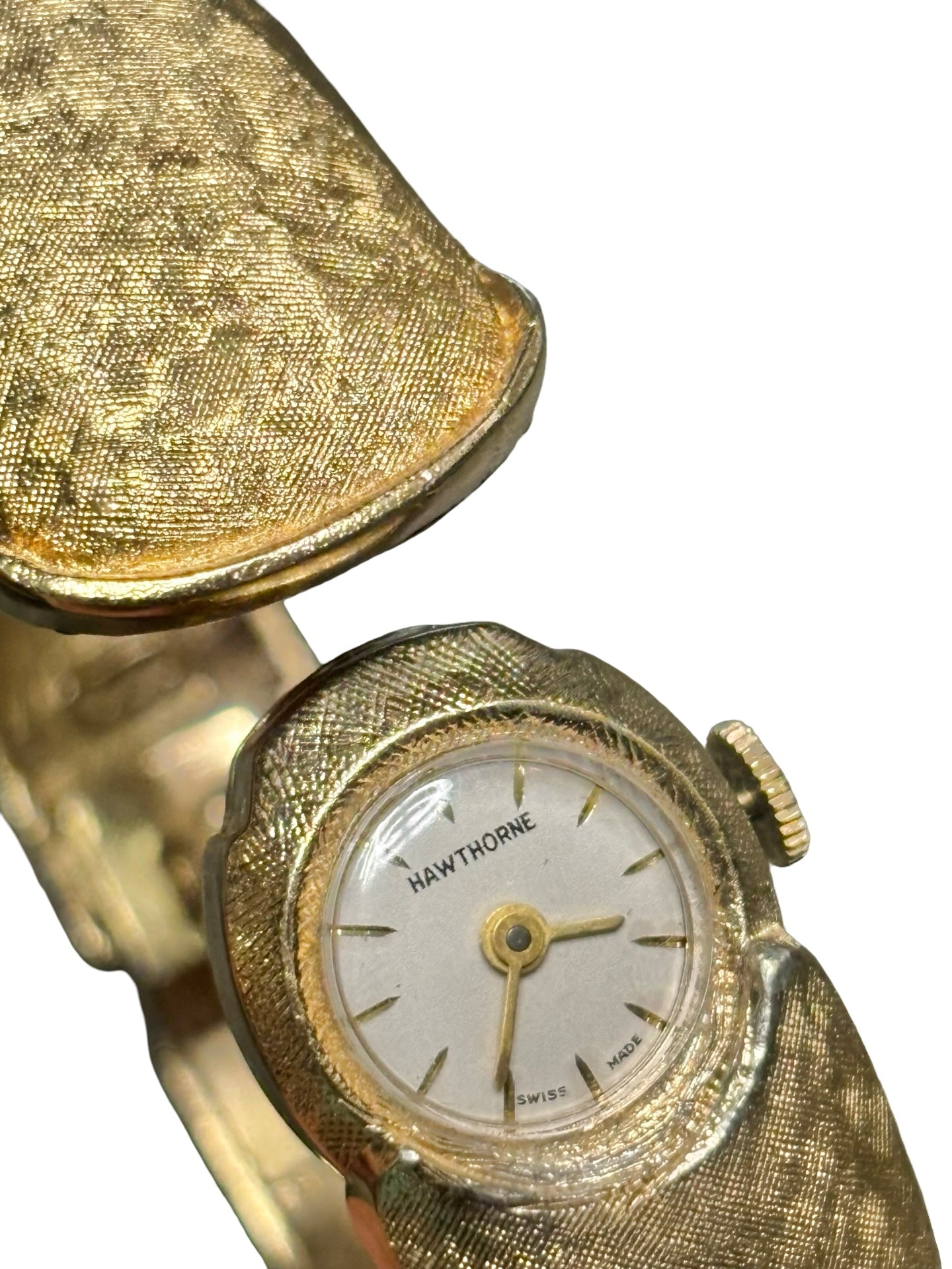 Vintage MCM 1950s Hawthorne Gold-Tone Clamper Cuff Bangle Hidden Swiss Watch