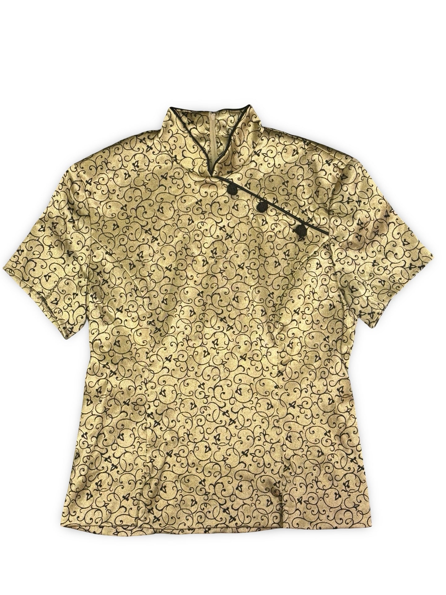 Vintage 1980s Jessica Howard Cheongsam Style Top Shimmery Gold w/ Black Curlicue Pattern Size M