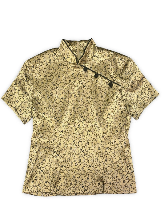 Vintage 1980s Jessica Howard Cheongsam Style Top Shimmery Gold w/ Black Curlicue Pattern Size M