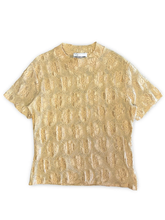 Vintage Tan Stretch Knitted Metallic Floral Lace Short-Sleeve Top Made in USA Size XL