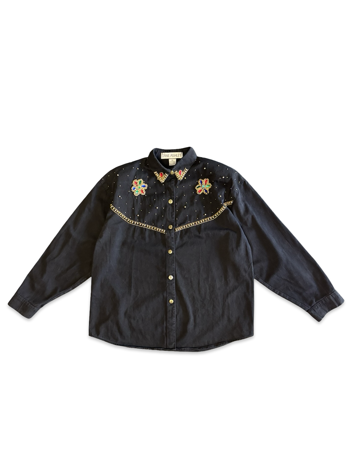 Vintage Rhinestone Bedazzled Holiday Embellished Black Denim Button-Up Top Size M