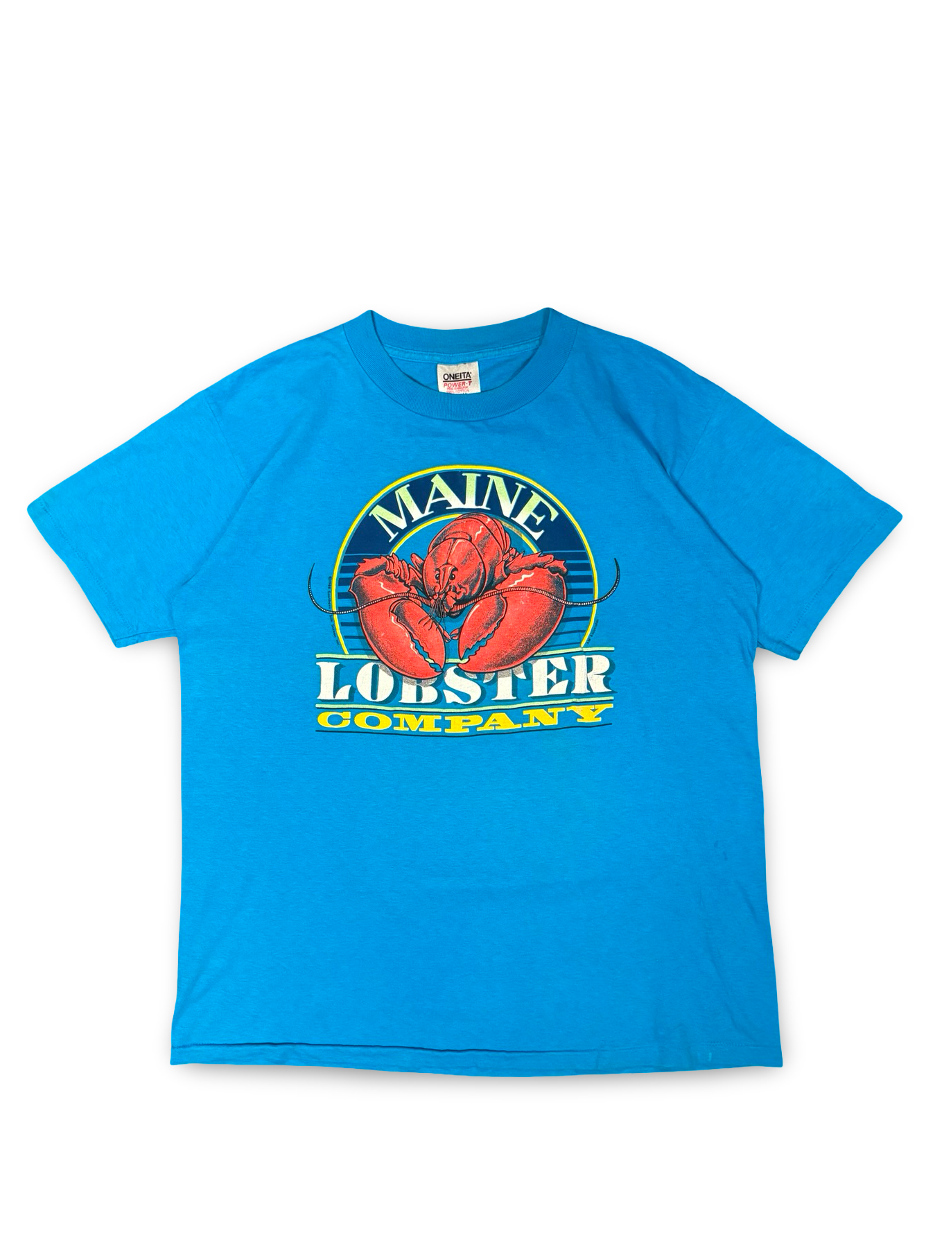 Blue t-shirt with Maine Lobster Company graphic on a white background