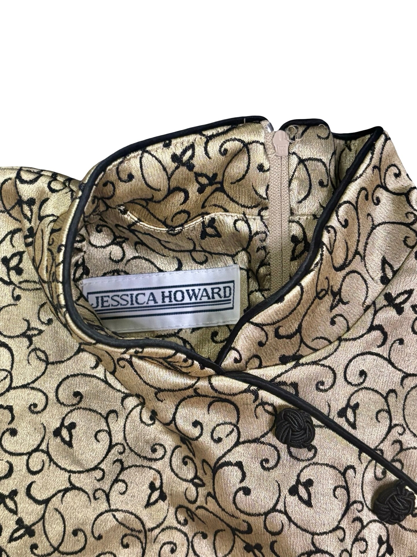 Vintage 1980s Jessica Howard Cheongsam Style Top Shimmery Gold w/ Black Curlicue Pattern Size M