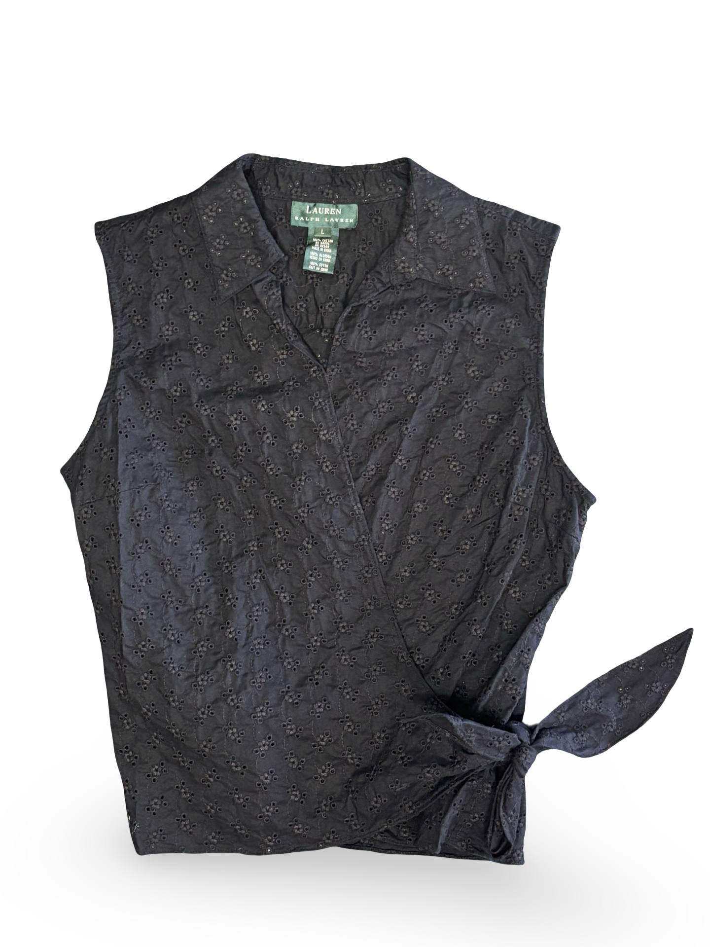 Vintage Ralph Lauren Sleeveless Wrap Top Black Cotton w/ Embroidered Eyelet Pattern Size L