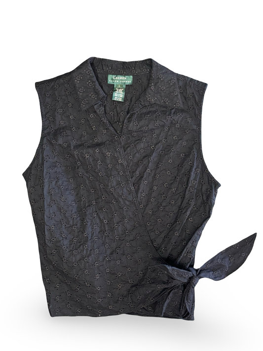 Vintage Ralph Lauren Sleeveless Wrap Top Black Cotton w/ Embroidered Eyelet Pattern Size L