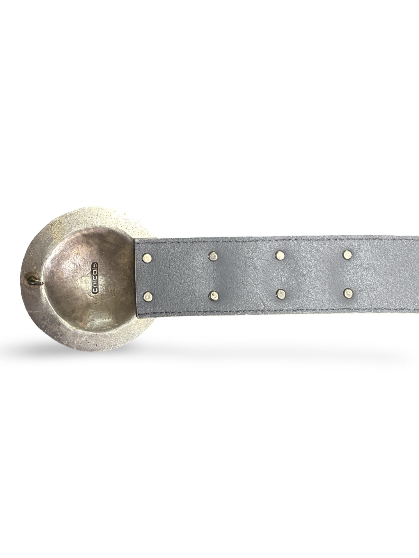 Vintage Chico’s Silver Leather Belt w/ Circular Metal Buckle & Abstract Plate Accents Size M