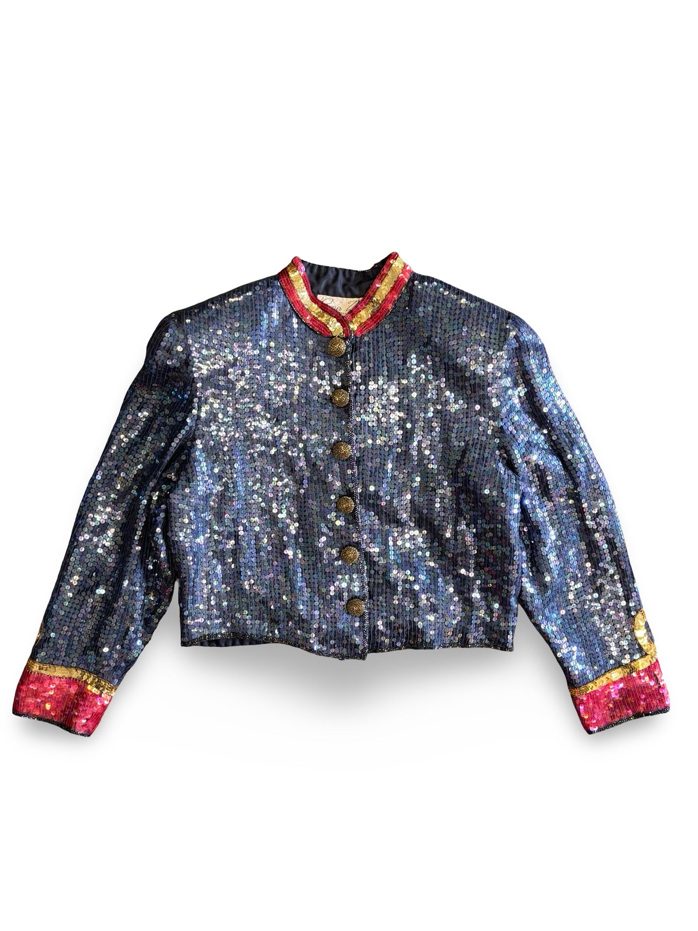 Vintage Blue, Red, & Gold Sequined Silk Bolero Napoleon Military Style Blazer Jacket Top Size L