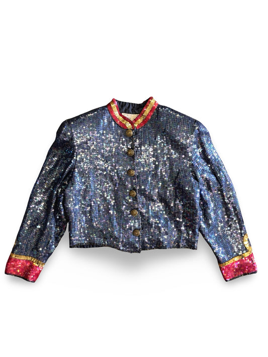 Vintage Blue, Red, & Gold Sequined Silk Bolero Napoleon Military Style Blazer Jacket Top Size L