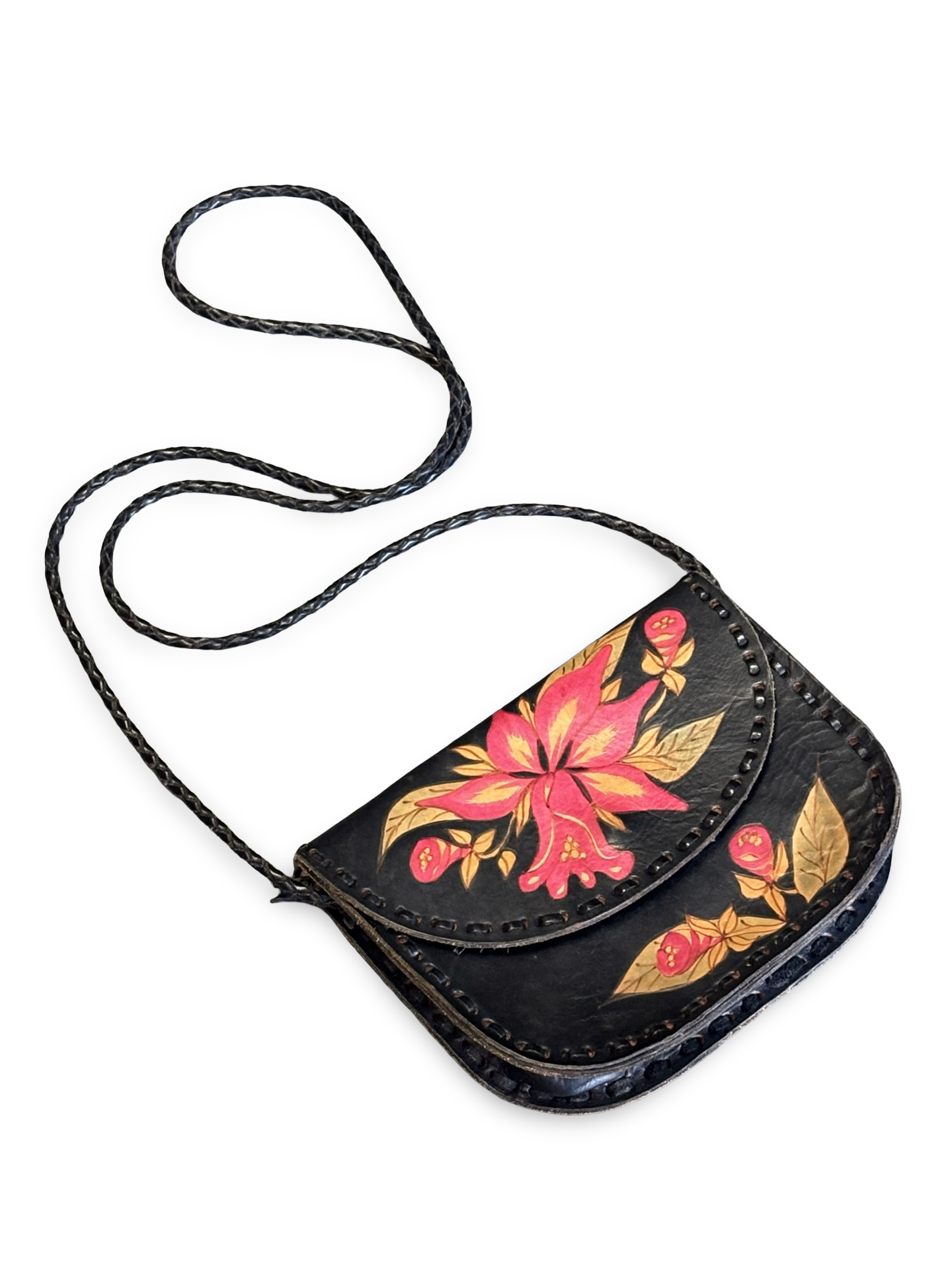 Vintage Artisan Black Leather Saddle Bag w/ Hand-Painted Floral Design Signed LJ Rio Brazil 2003