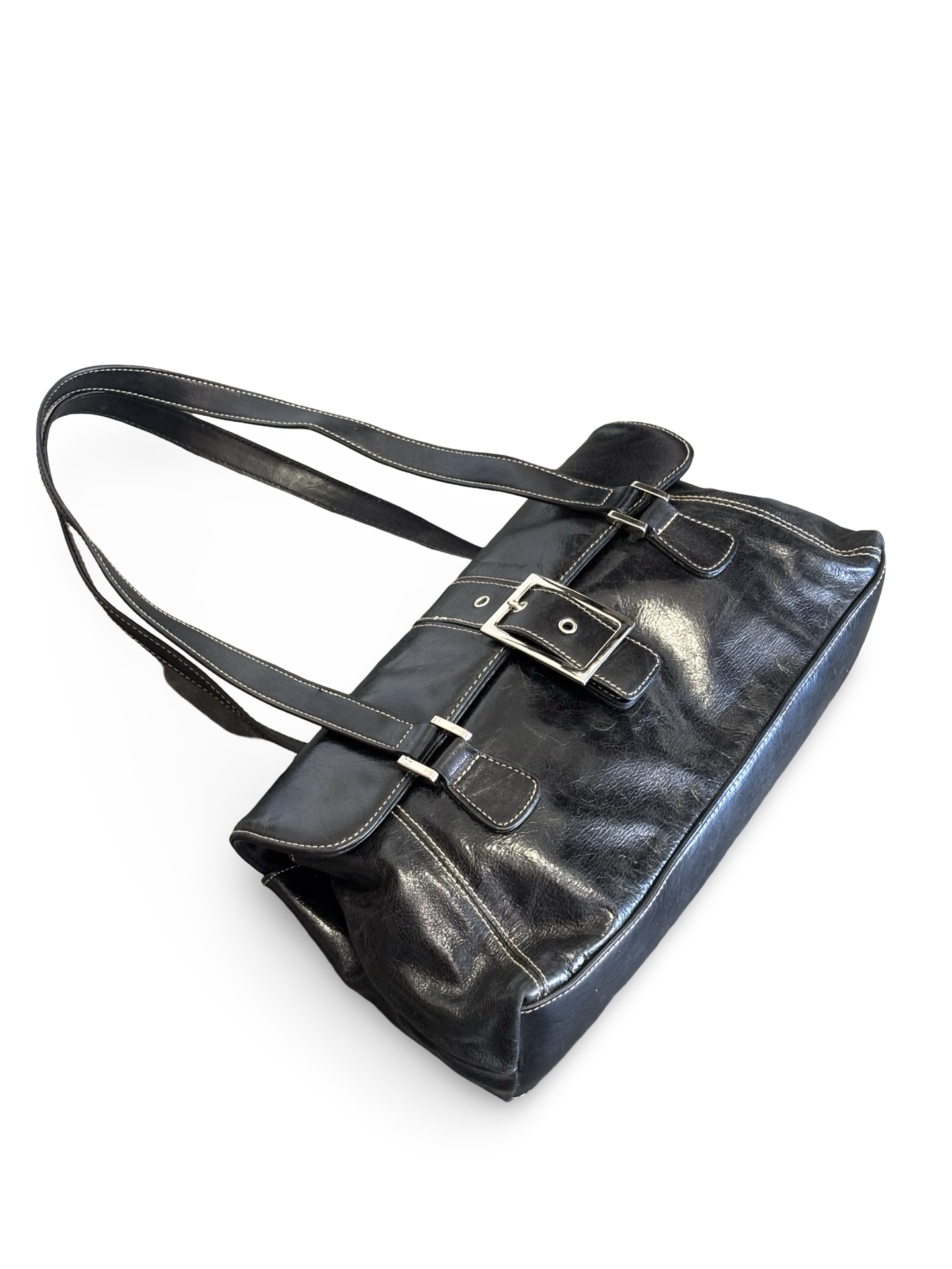 Vintage Y2K Black Leather Hillard & Hanson Shoulder Bag Purse w/ Front Buckle