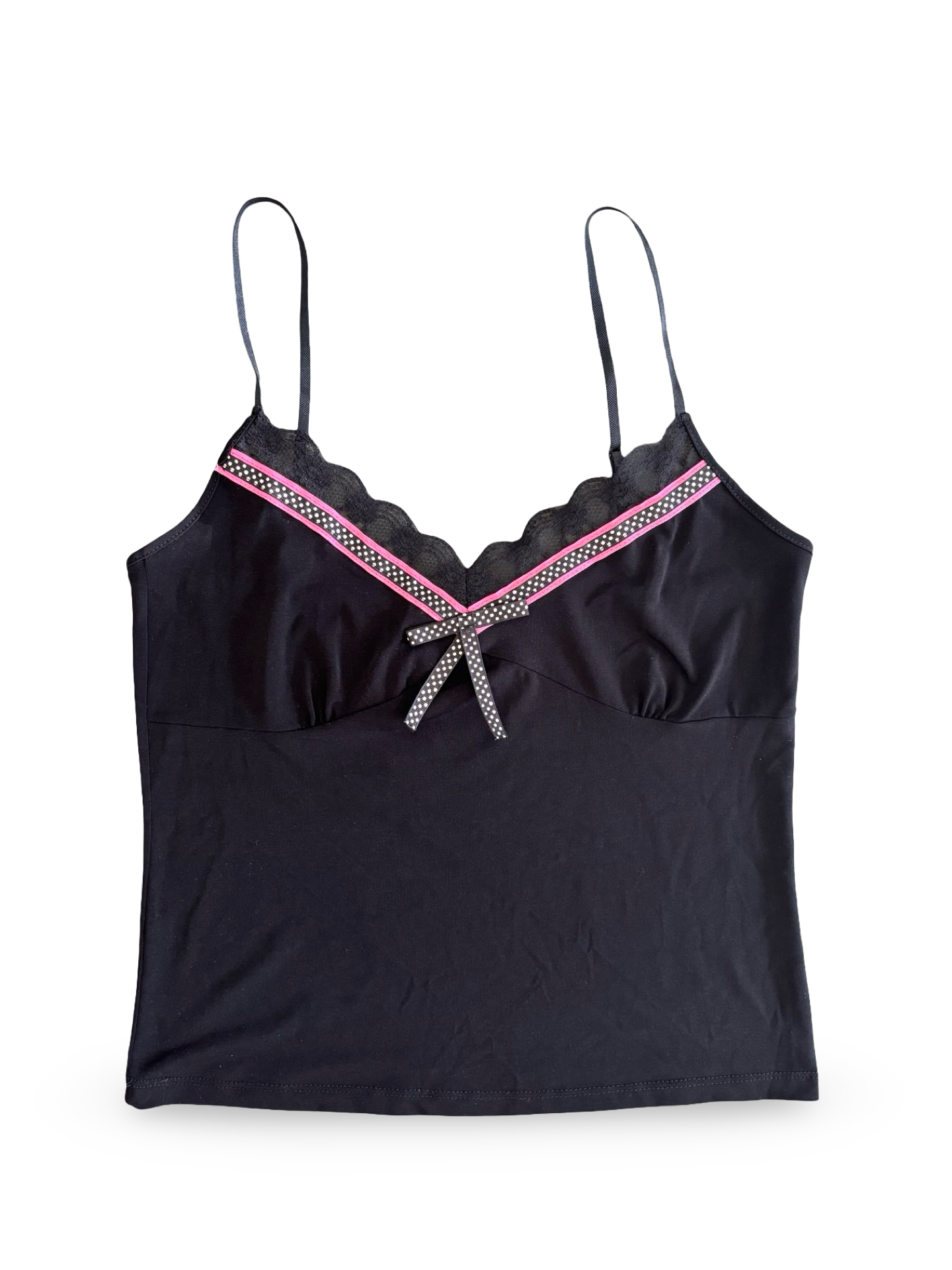 Vintage Black Tank Top w/ Lace & Poka Dot Ribbon Trim Size M