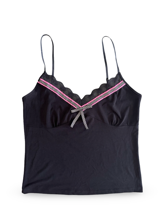 Vintage Black Tank Top w/ Lace & Poka Dot Ribbon Trim Size M