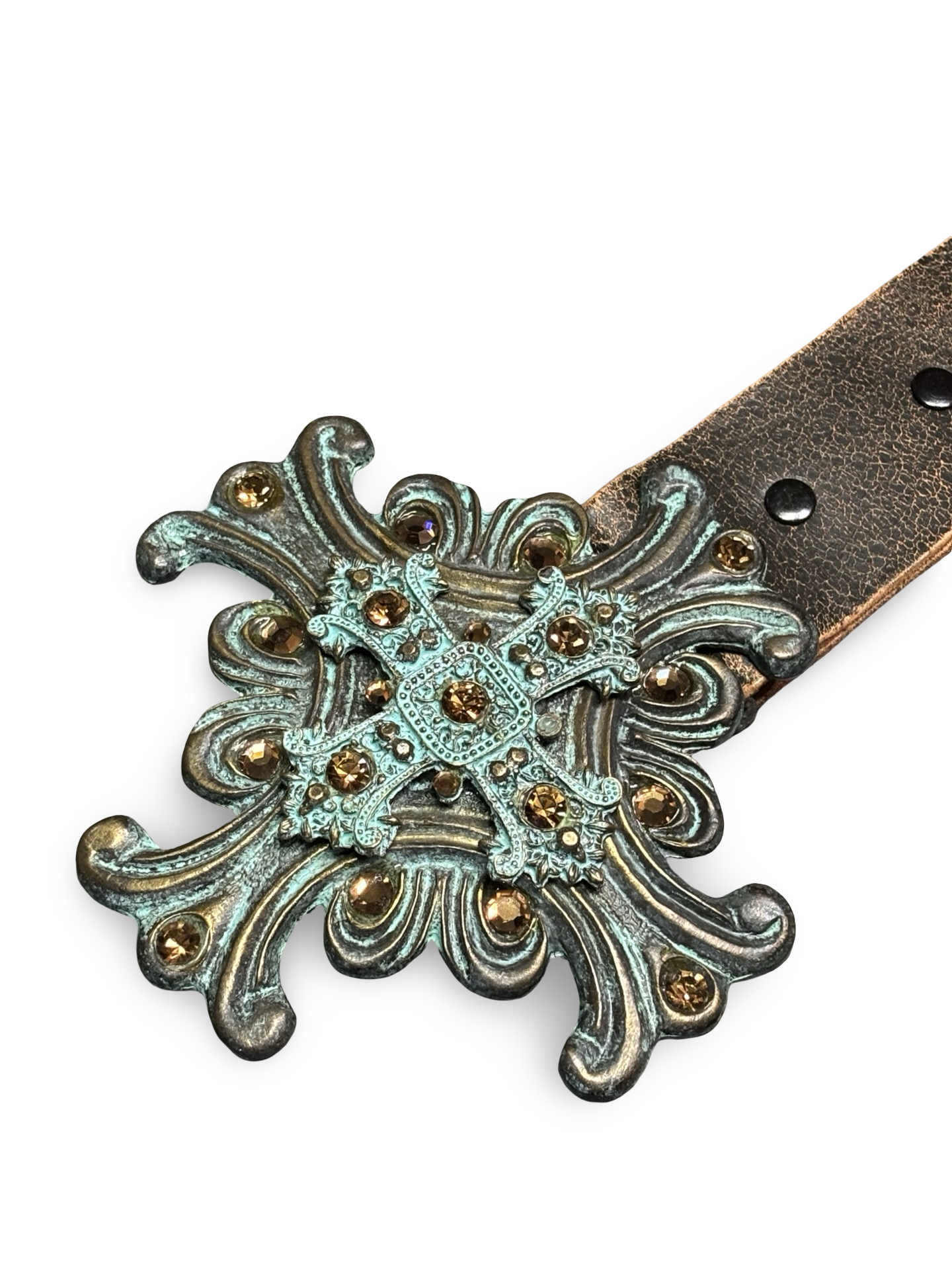 Vintage Distressed Brown Leather Western Belt w/ Turquoise Patina Cross Buckle & Copper Rhinestones USA Size M