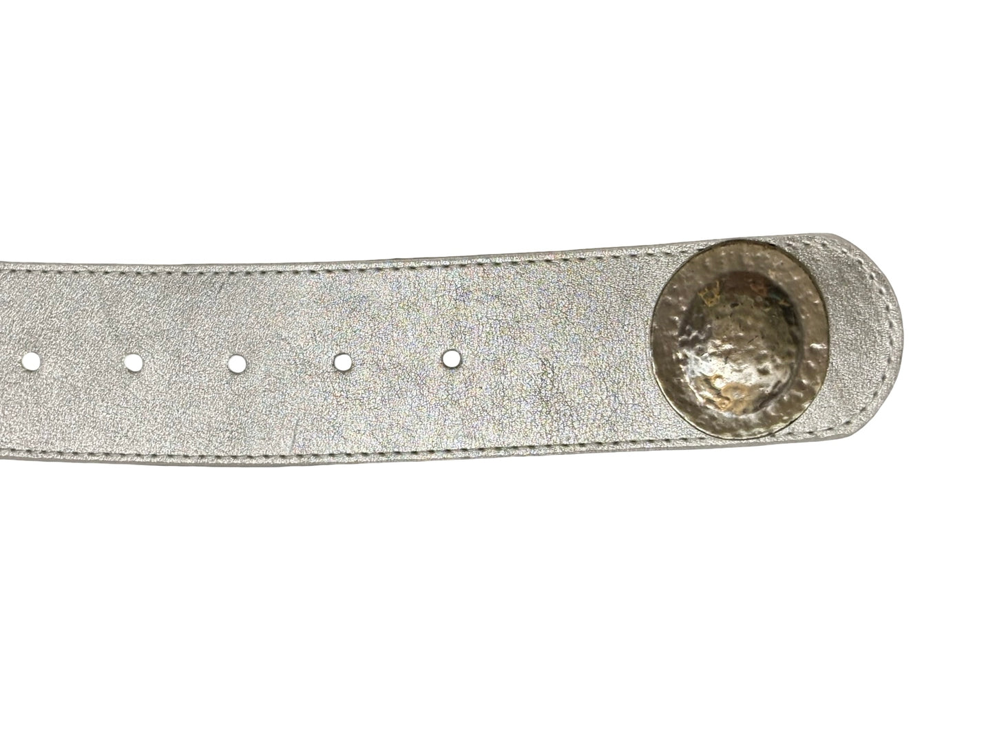 Vintage Chico’s Silver Leather Belt w/ Circular Metal Buckle & Abstract Plate Accents Size M