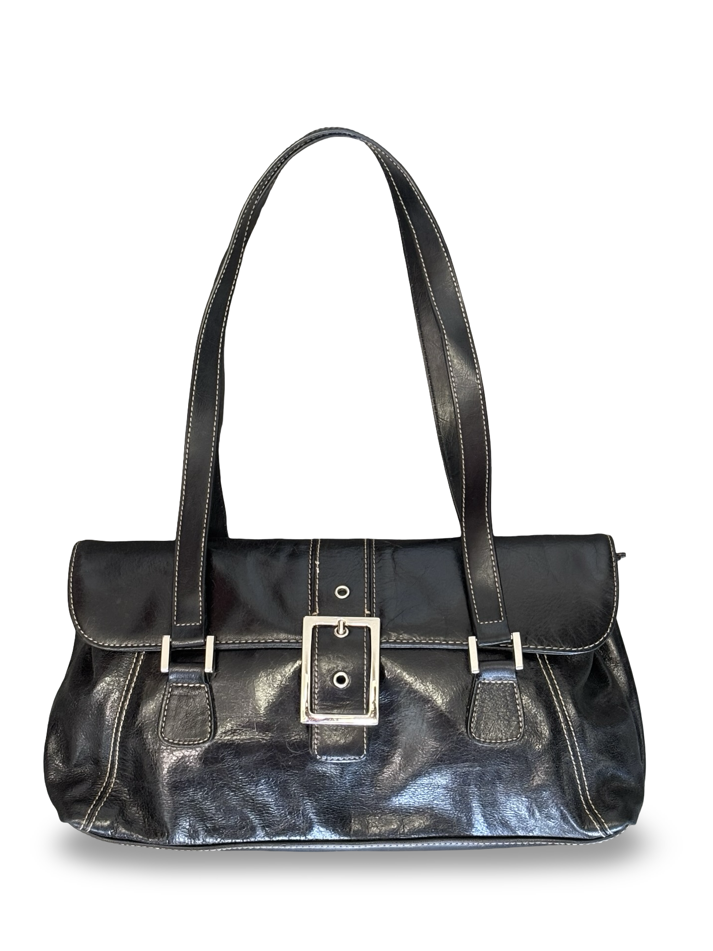 Vintage Y2K Black Leather Hillard & Hanson Shoulder Bag Purse w/ Front Buckle