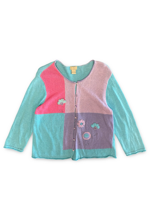 Vintage Knitted Color Block Multi-Colored Pastel Button-Up Floral Embellished Sweater Cardigan w/ Abalone Buttons Size L