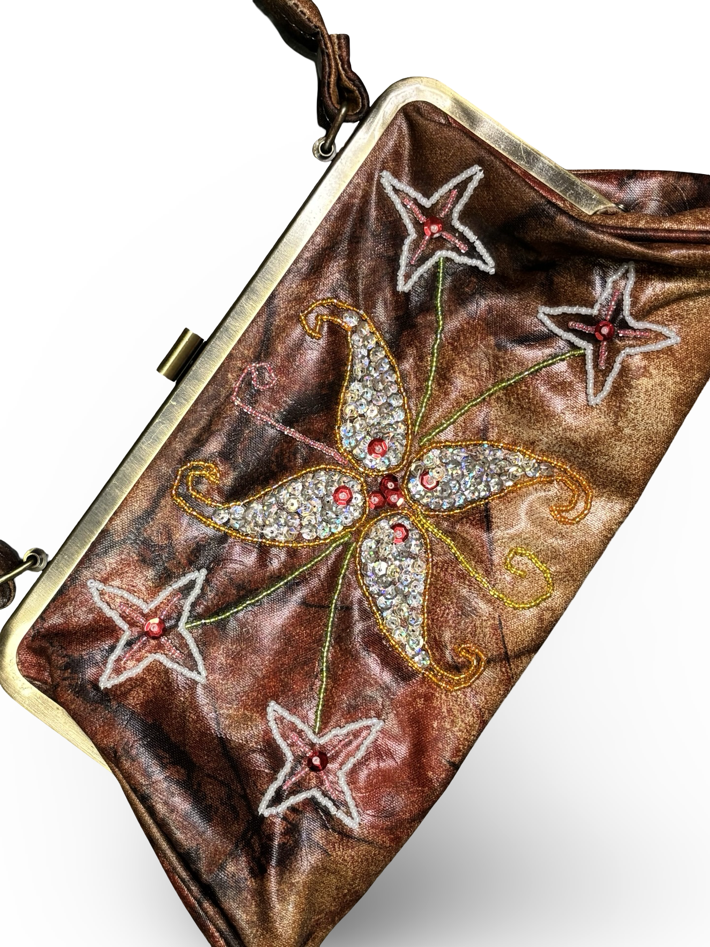 Vintage 80s JNS Brown Beaded & Sequined Floral Evening Bag Clutch Purse