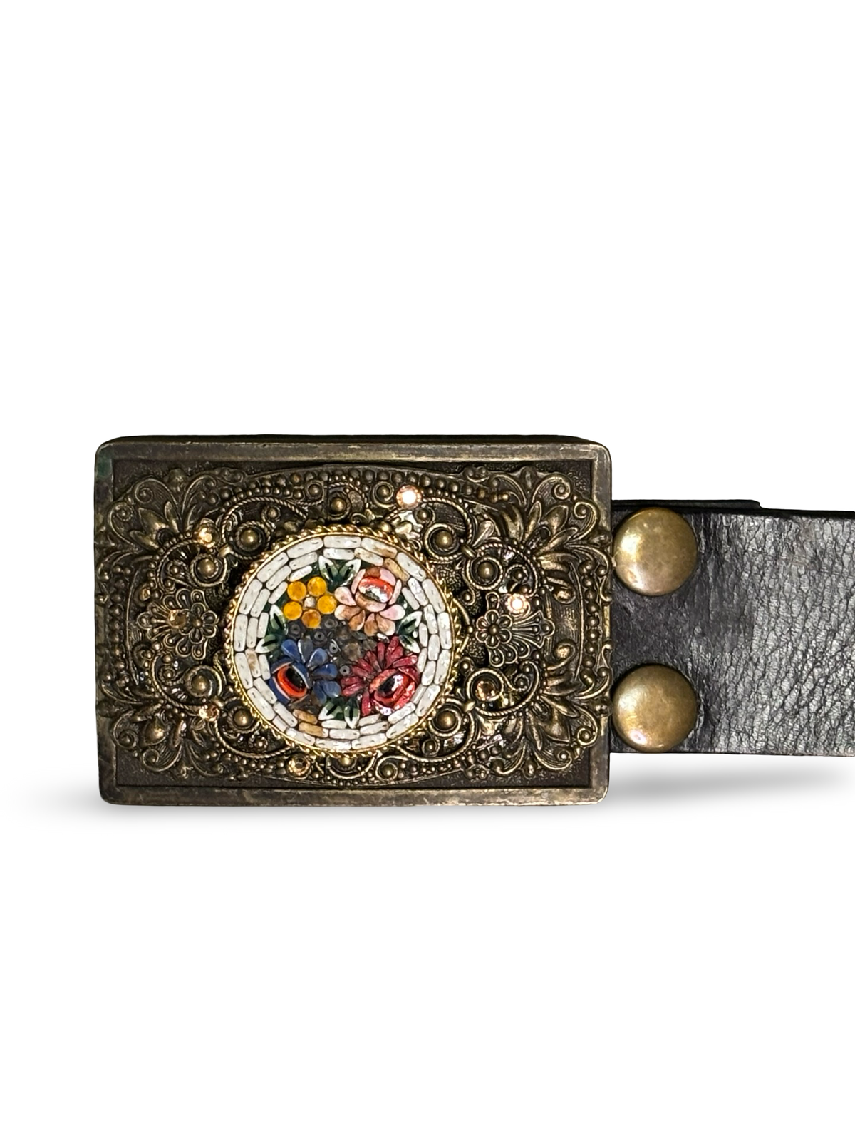 Vintage Leather‎ Studded Belt Brass Rose Buckle Boho Western S Vintage Wide Tan Studded Leather Belt With Brass Buckle  main image 4