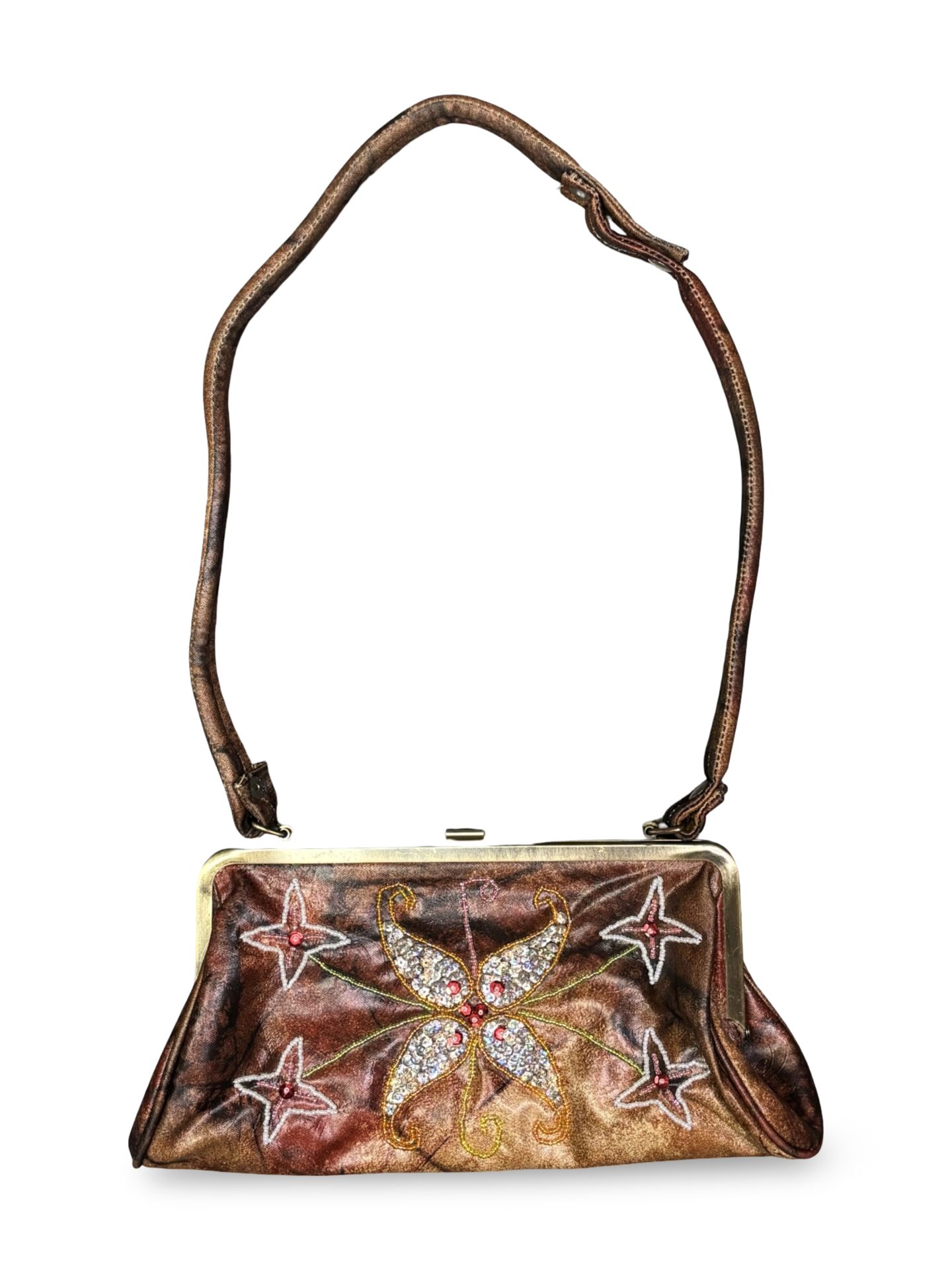 Vintage 80s JNS Brown Beaded & Sequined Floral Evening Bag Clutch Purse