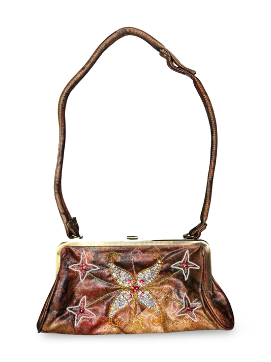 Vintage 80s JNS Brown Beaded & Sequined Floral Evening Bag Clutch Purse