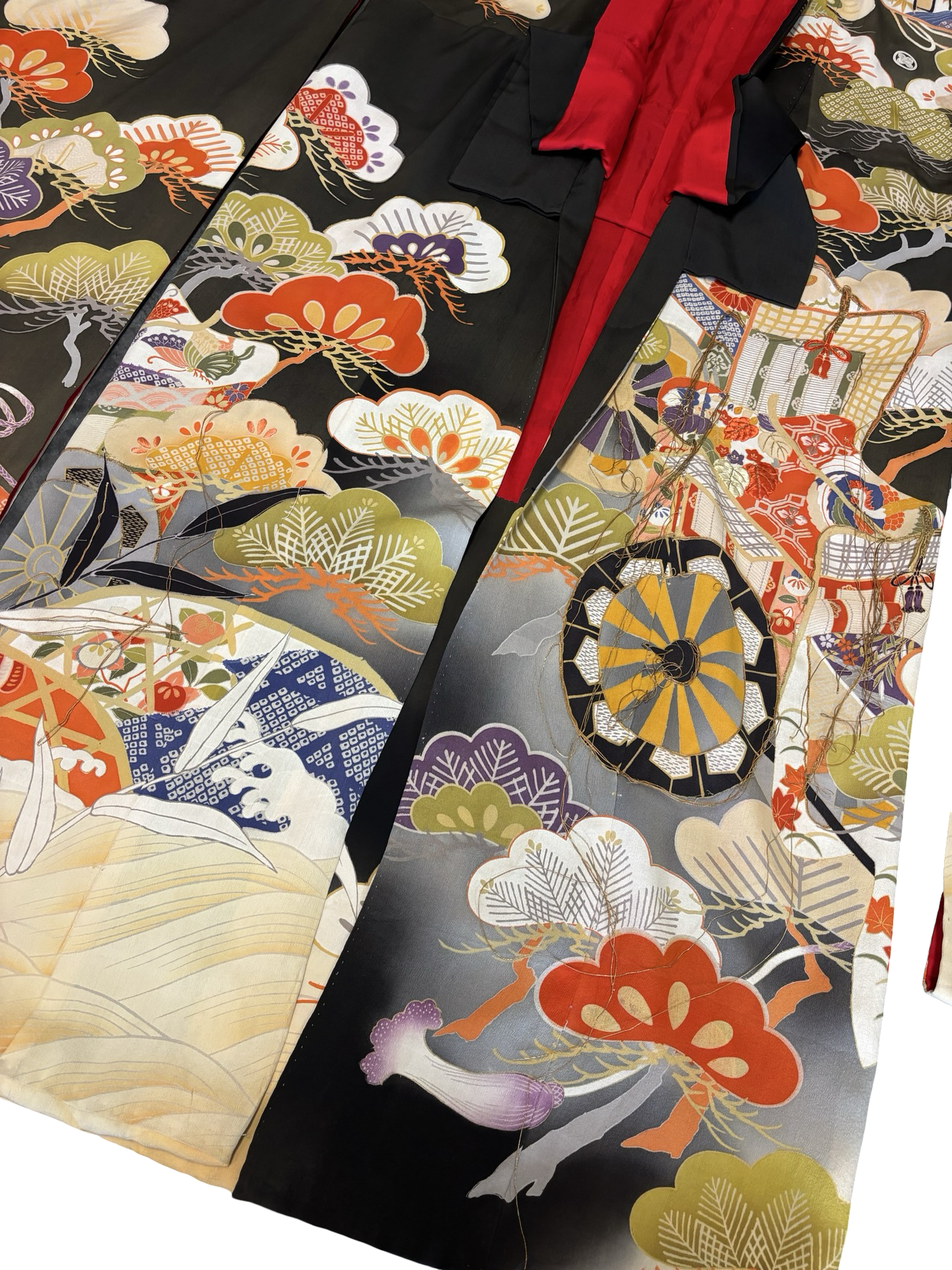 Antique Japanese Silk Uchikake (c. 1920s-1940s) – Ceremonial Formal Family Kimono w/ Mokko Crests, Pine & Fan Motif