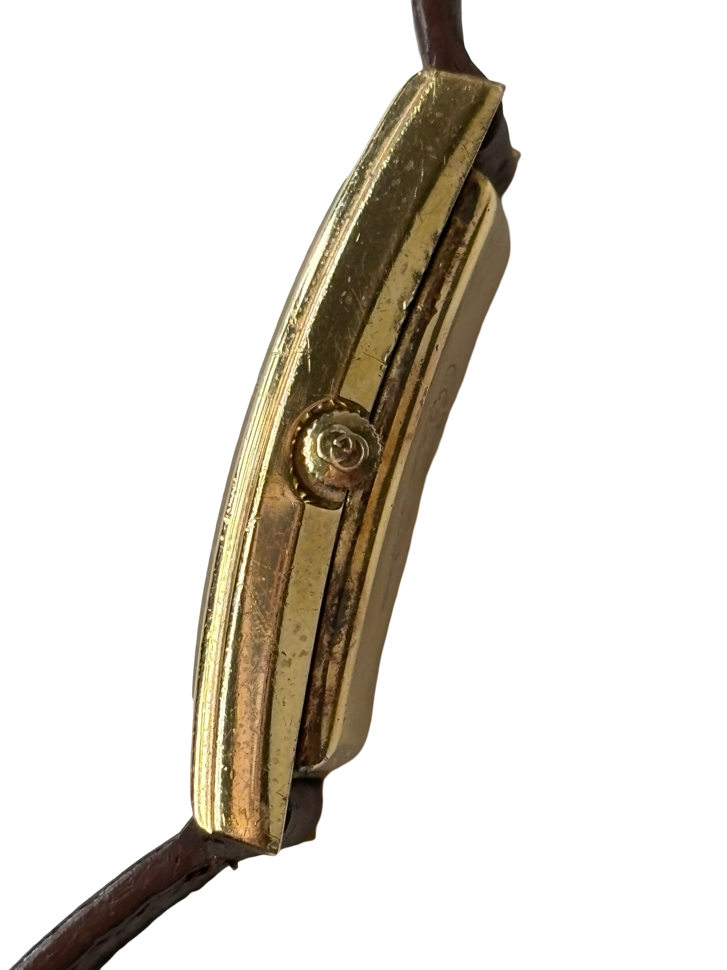 Vintage 1980s Gucci 2600L 18k Gold-Plated Rectangular Sherry Line Dial Watch w/ Original Brown Leather Band