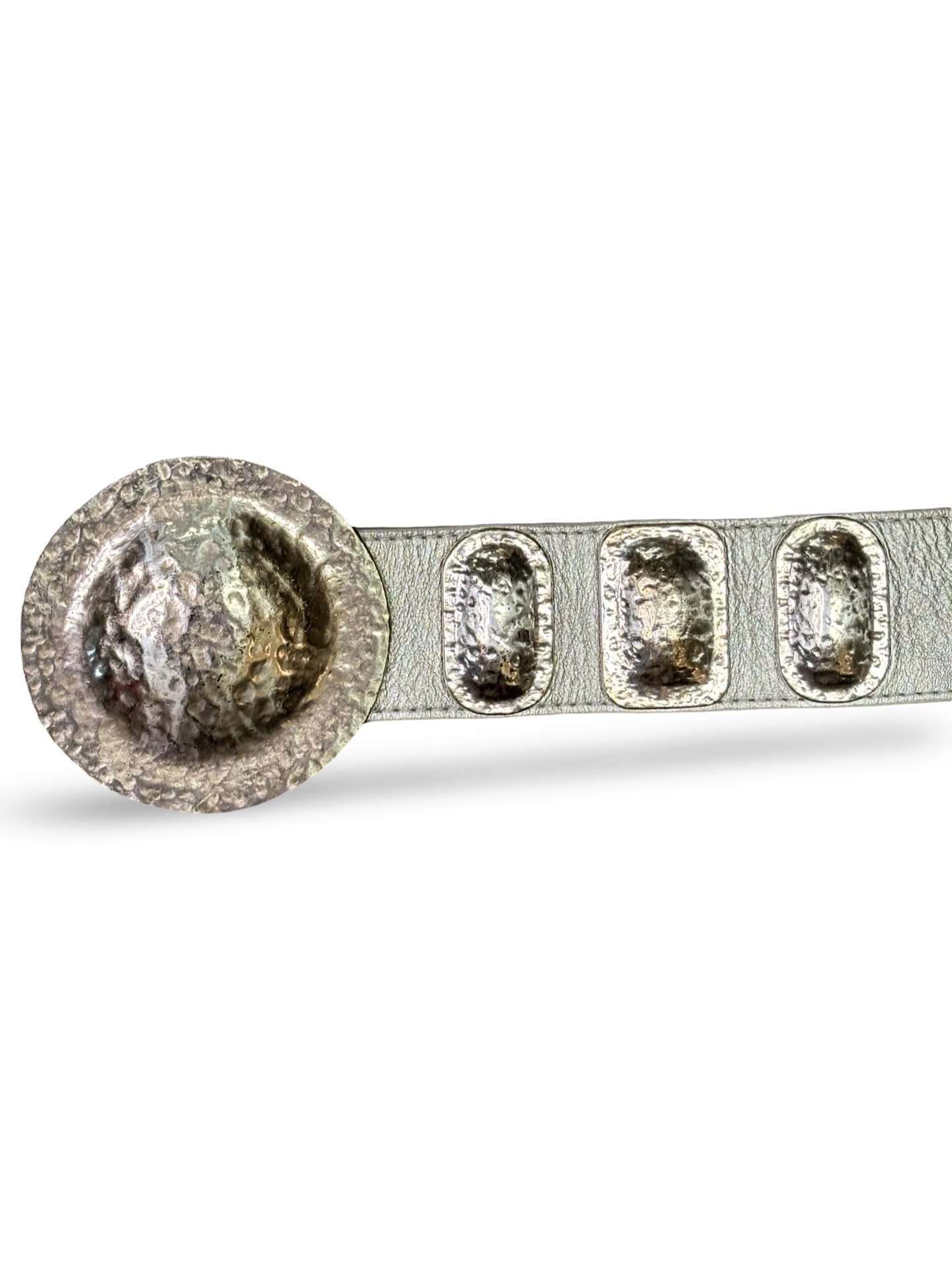 Vintage Chico’s Silver Leather Belt w/ Circular Metal Buckle & Abstract Plate Accents Size M