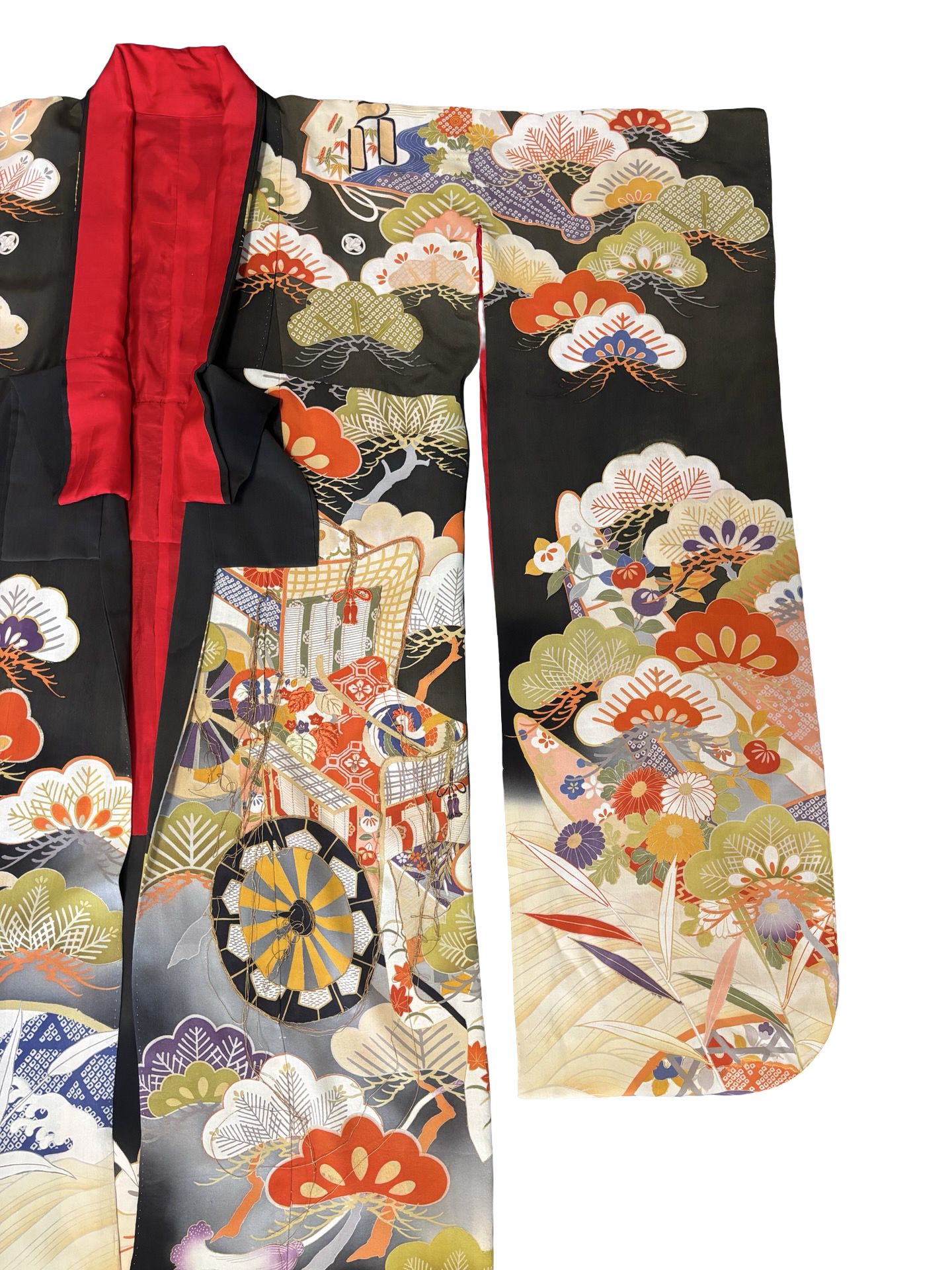 Antique Japanese Silk Uchikake (c. 1920s-1940s) – Ceremonial Formal Family Kimono w/ Mokko Crests, Pine & Fan Motif
