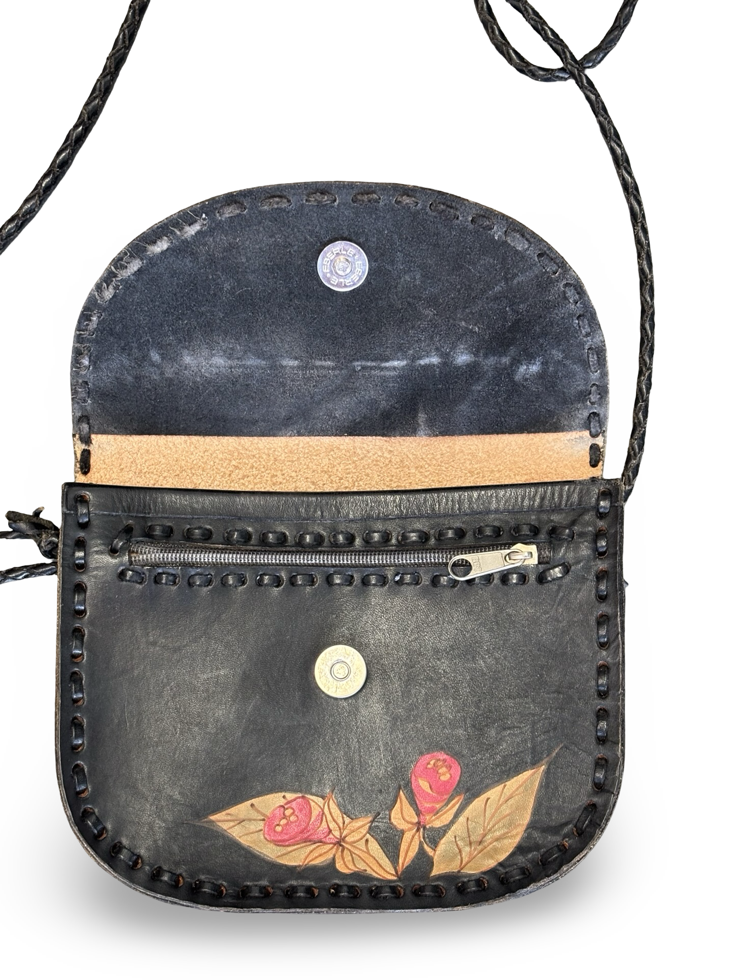 Vintage Artisan Black Leather Saddle Bag w/ Hand-Painted Floral Design Signed LJ Rio Brazil 2003