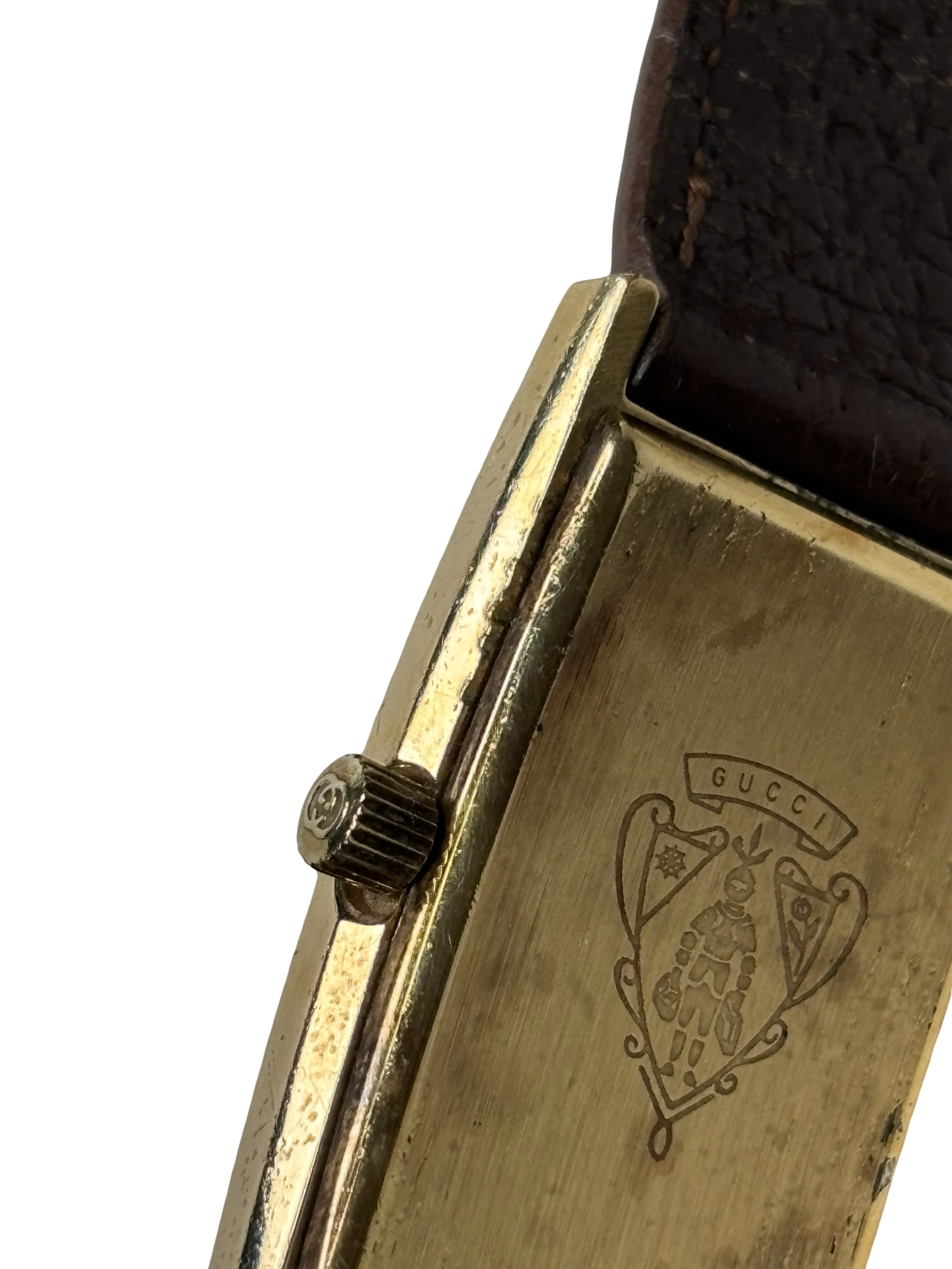 Vintage 1980s Gucci 2600L 18k Gold-Plated Rectangular Sherry Line Dial Watch w/ Original Brown Leather Band